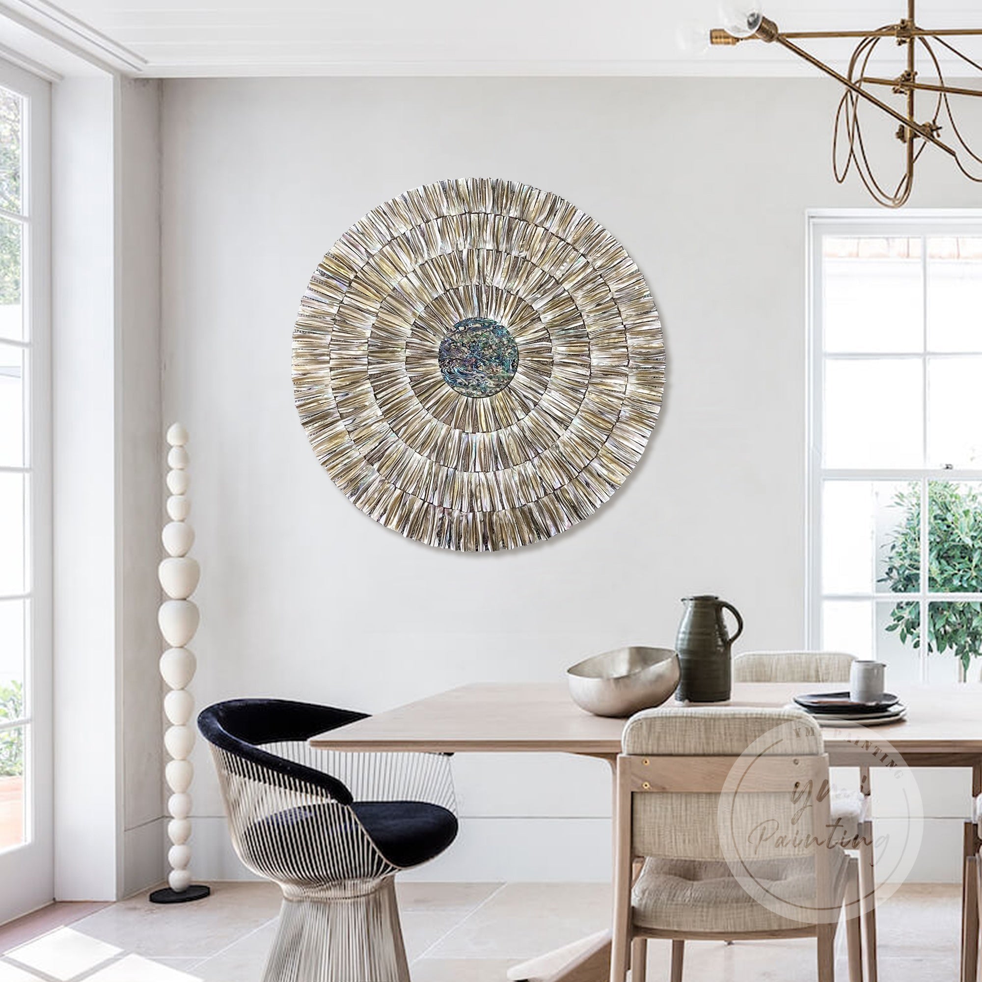 Round Framed Shell Artwork with handcrafted oyster shell details and calm elegance.
