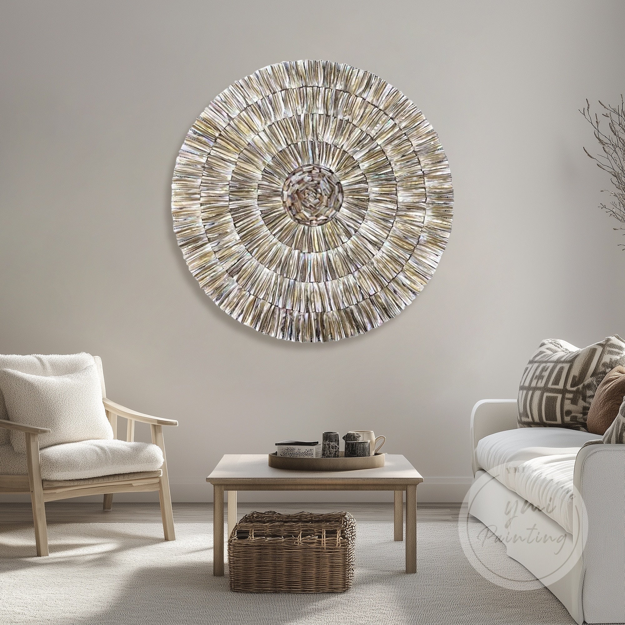 Wabi Sabi Oyster Shell Wall Art in round frame with neutral beige tones.
