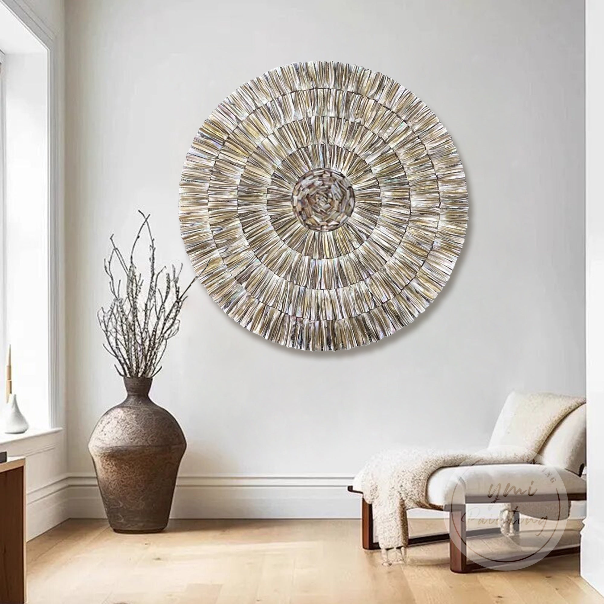 Wabi Sabi Oyster Shell Wall Art in round frame with neutral beige tones.