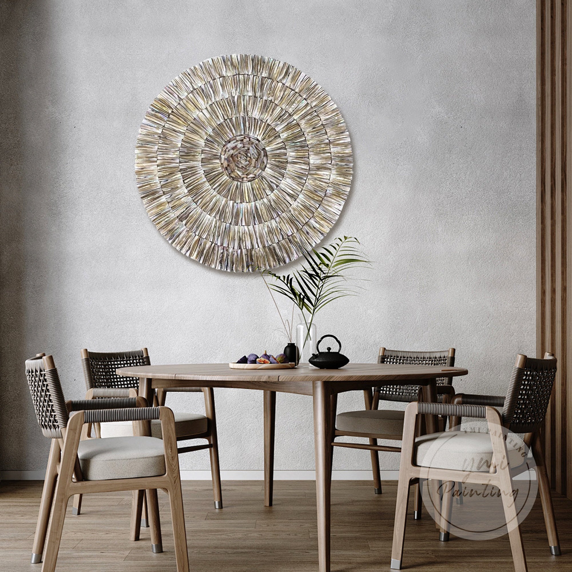 Round Framed Natural Art with earthy oyster shell elements.