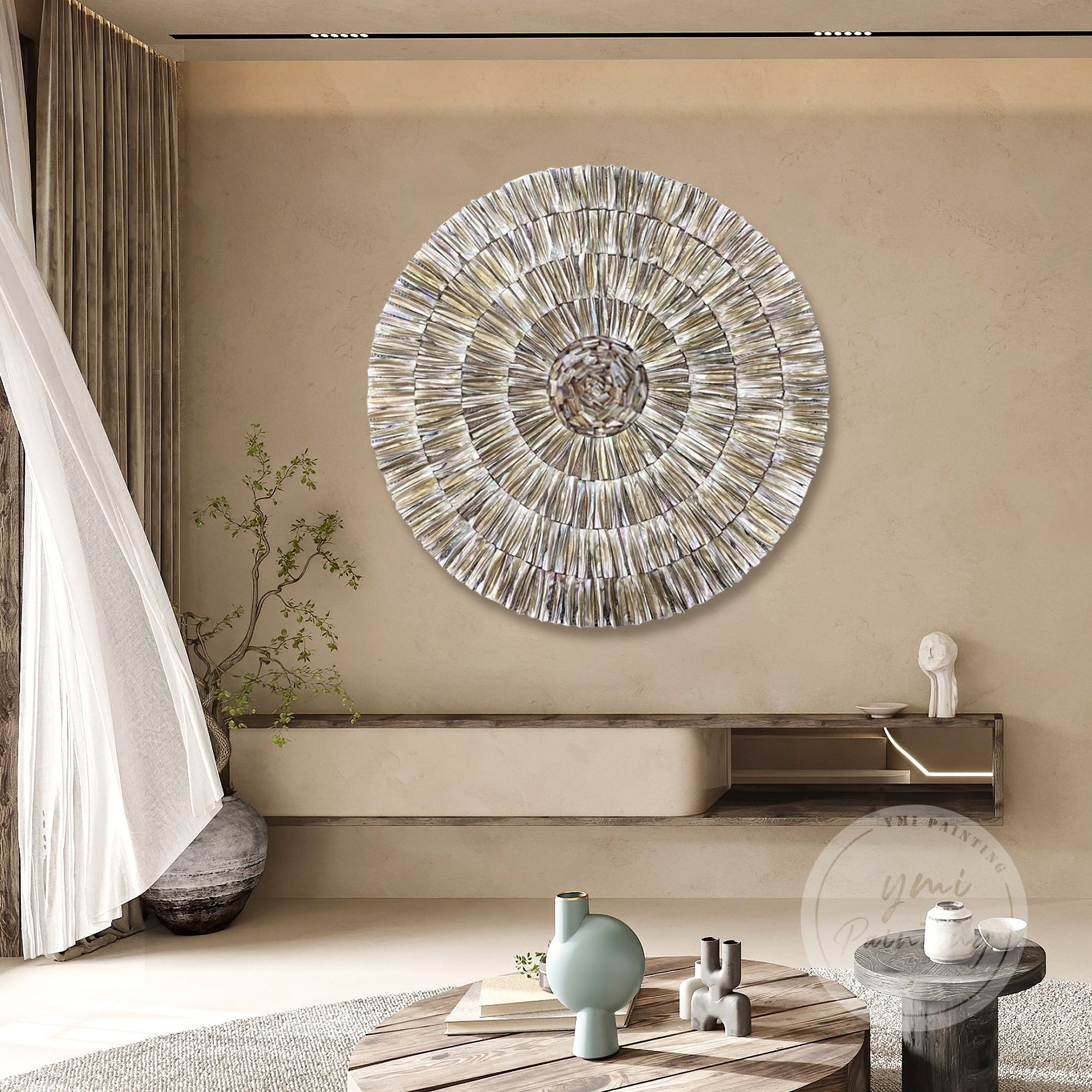 Luxury Wabi Sabi Decor with hand-placed oyster shells and sculptural depth.