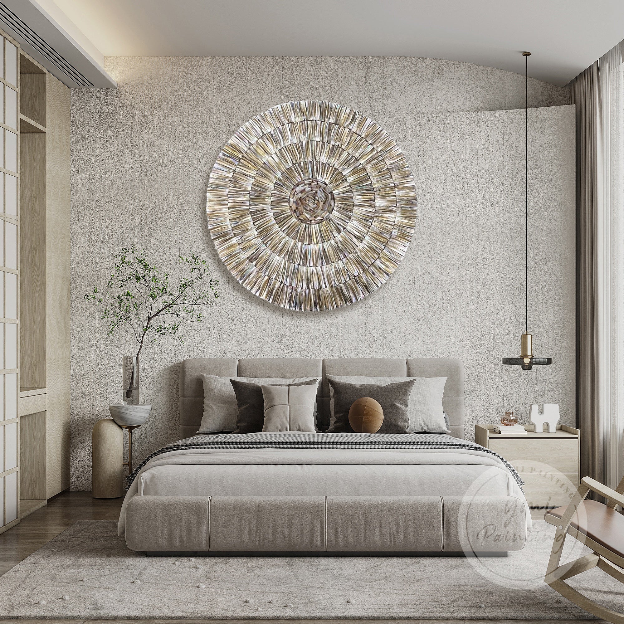 Textured Shell Art Piece in calming beige palette, framed and elegant.