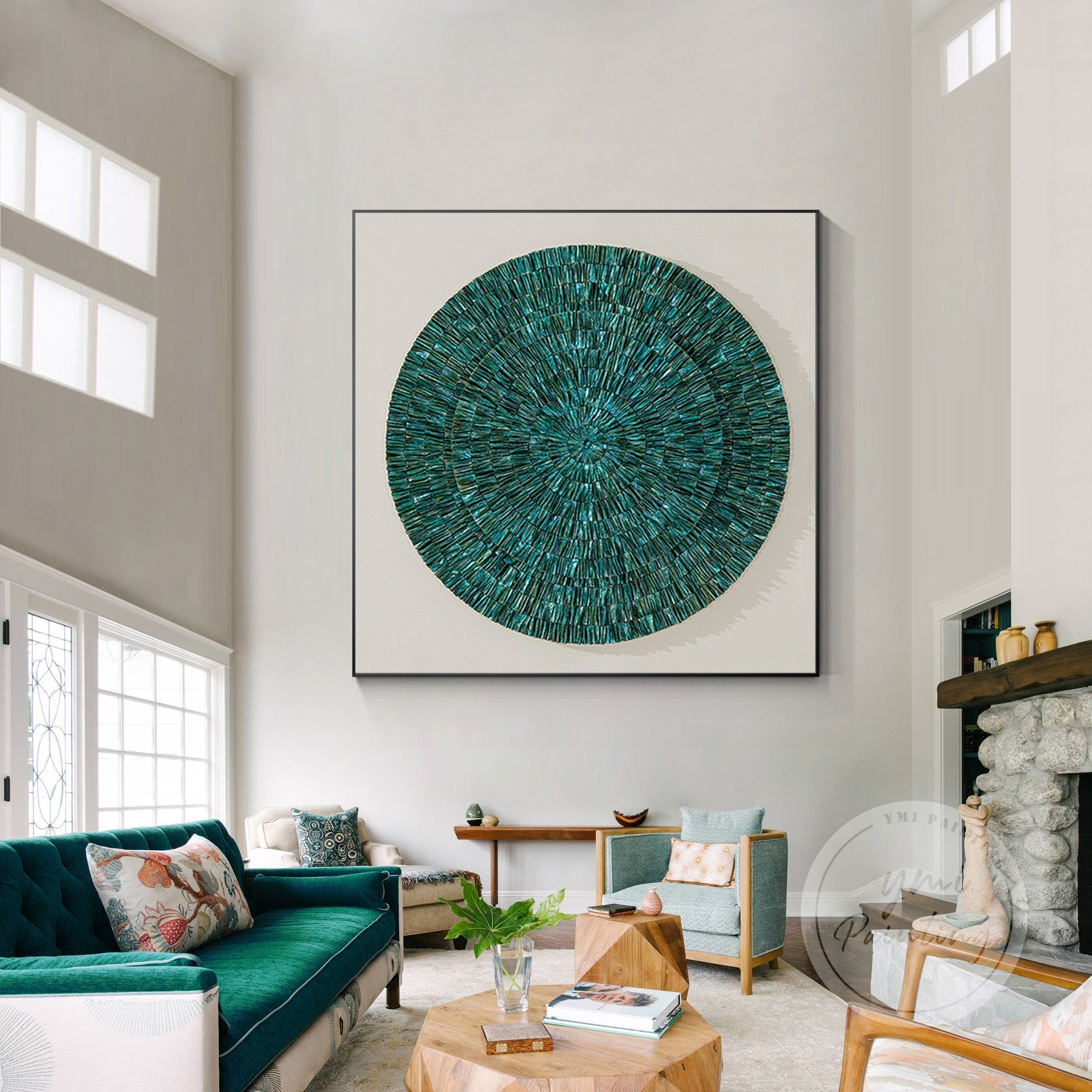 Double-layered Mars green oyster shell wall art with 3D texture