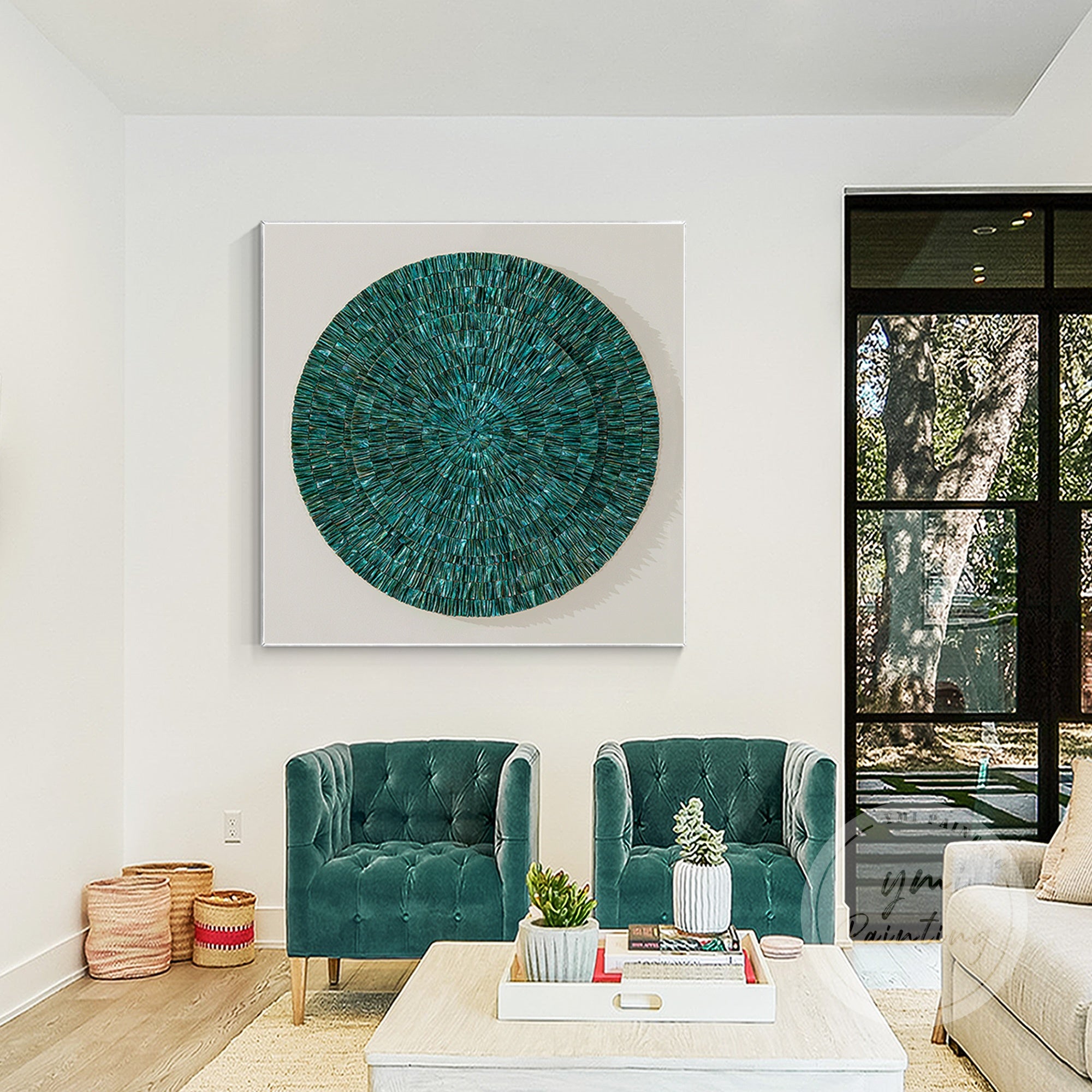 Handcrafted large seashell wall art in deep green tones