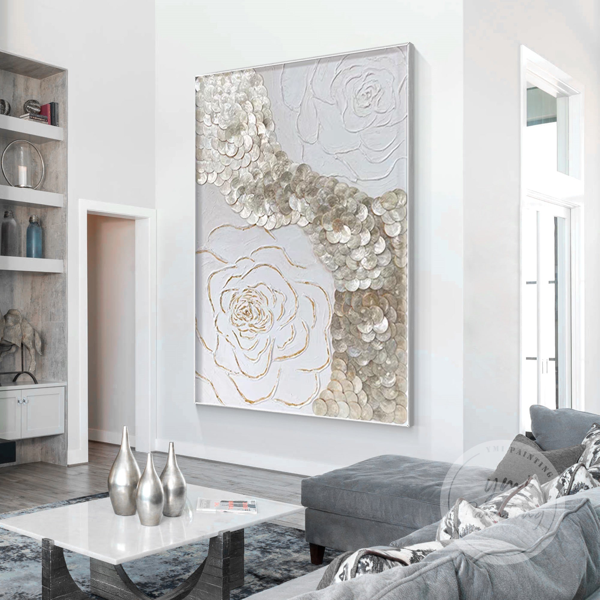 Handcrafted Capiz shell art in a shadowbox frame, perfect for modern interiors