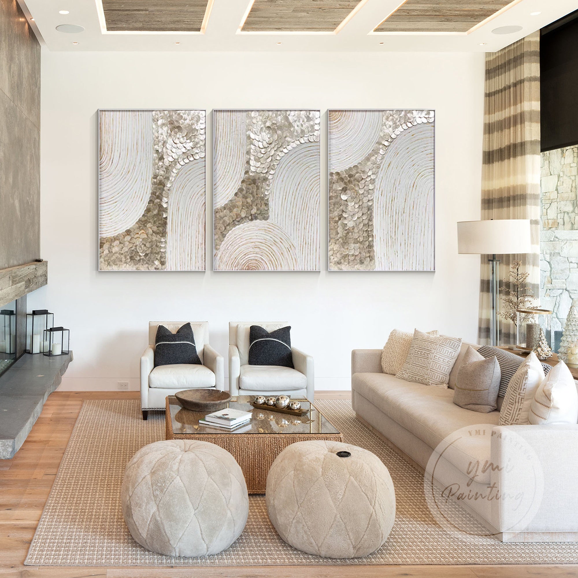 Stunning triptych design featuring flower-inspired shell art in a shadowbox frame, ideal for upscale interiors like offices and stairwells.
