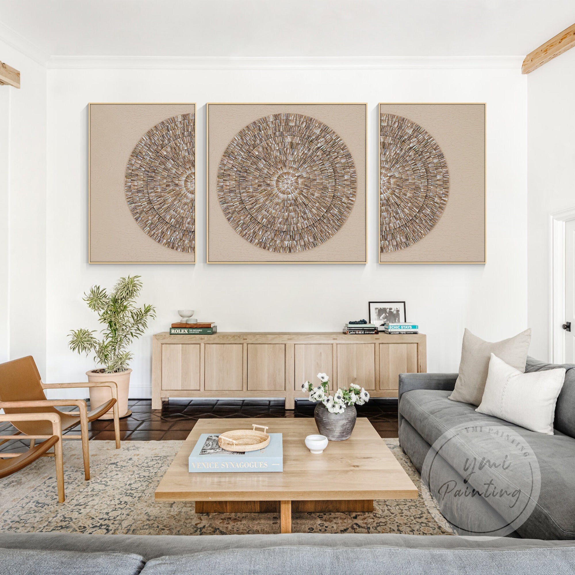 Handmade 3D sea shell wall decor, featuring soft beige oyster shells.