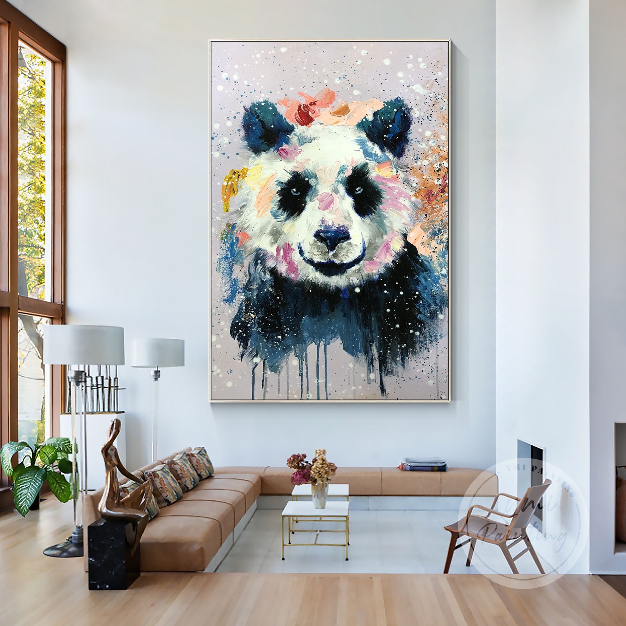 Vibrant Watercolor Panda Painting featuring a colorful and abstract depiction of a panda, adding a playful touch to any space.
