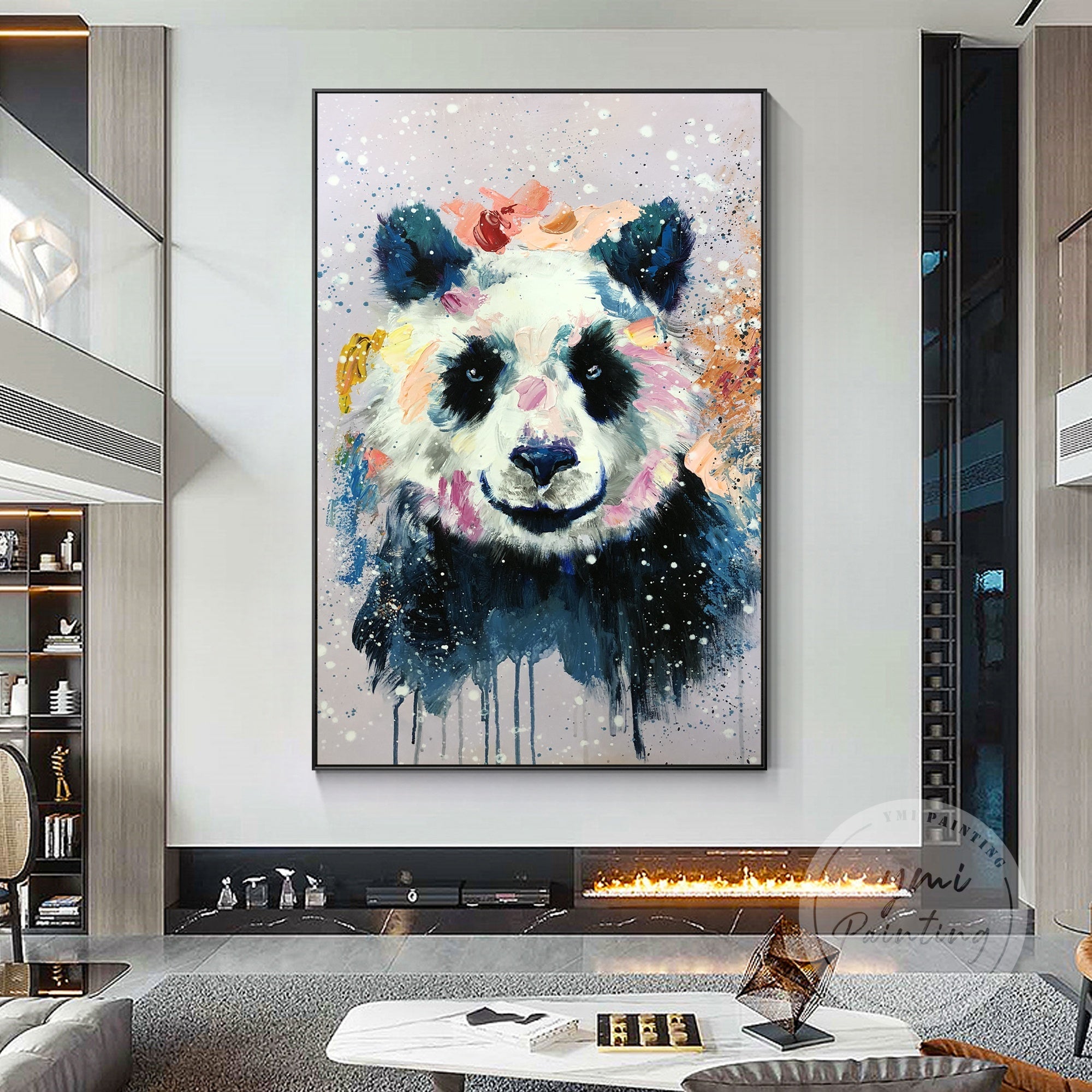 Hand-Painted Colorful Panda Wall Art with splashes of bright hues, perfect for enhancing a modern nursery or living room.