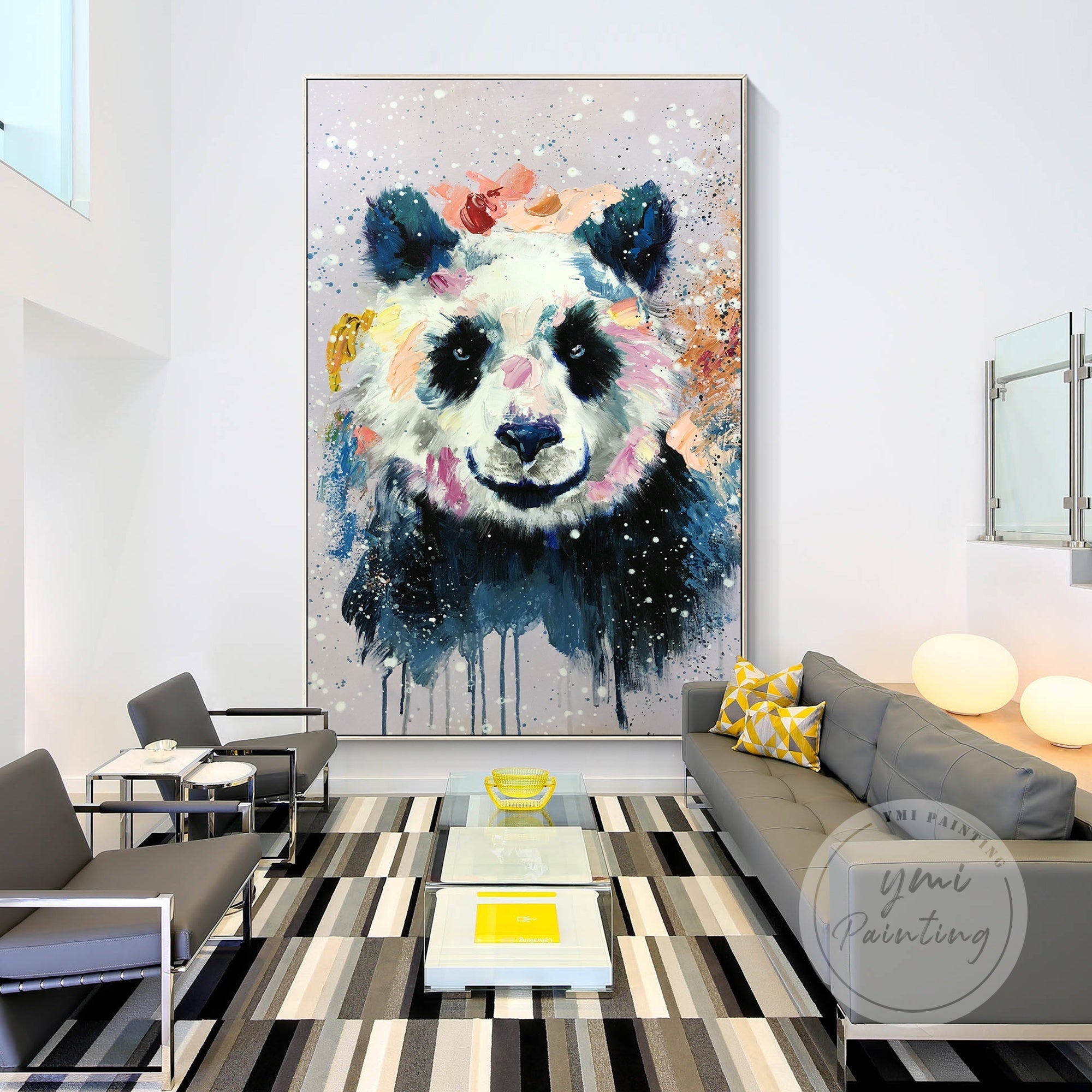 Abstract Watercolor Panda Canvas showcasing a lively blend of colors, symbolizing joy and creativity in home decor.