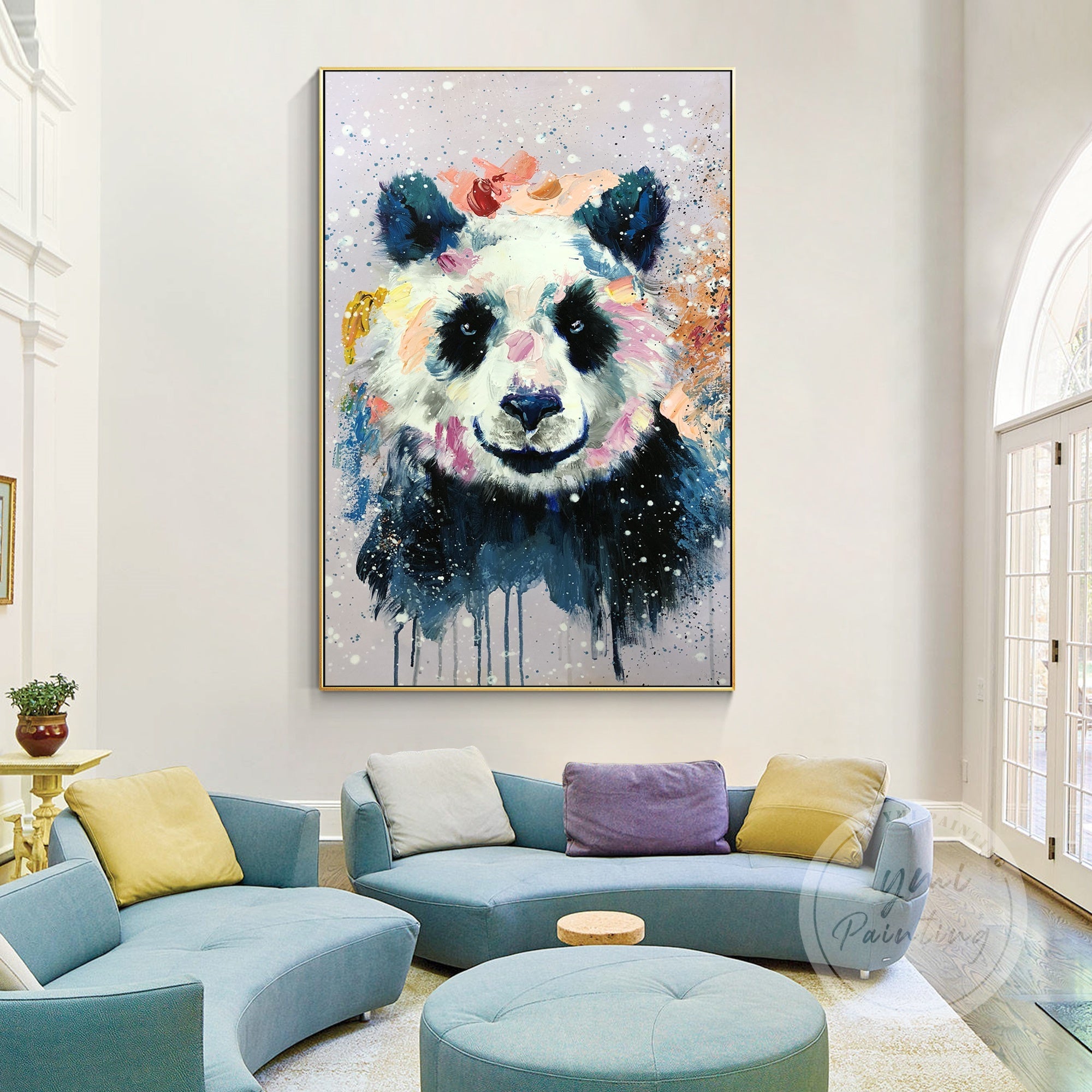 Framed Colorful Panda Artwork with a unique watercolor style, ideal for adding a whimsical focal point to your walls.