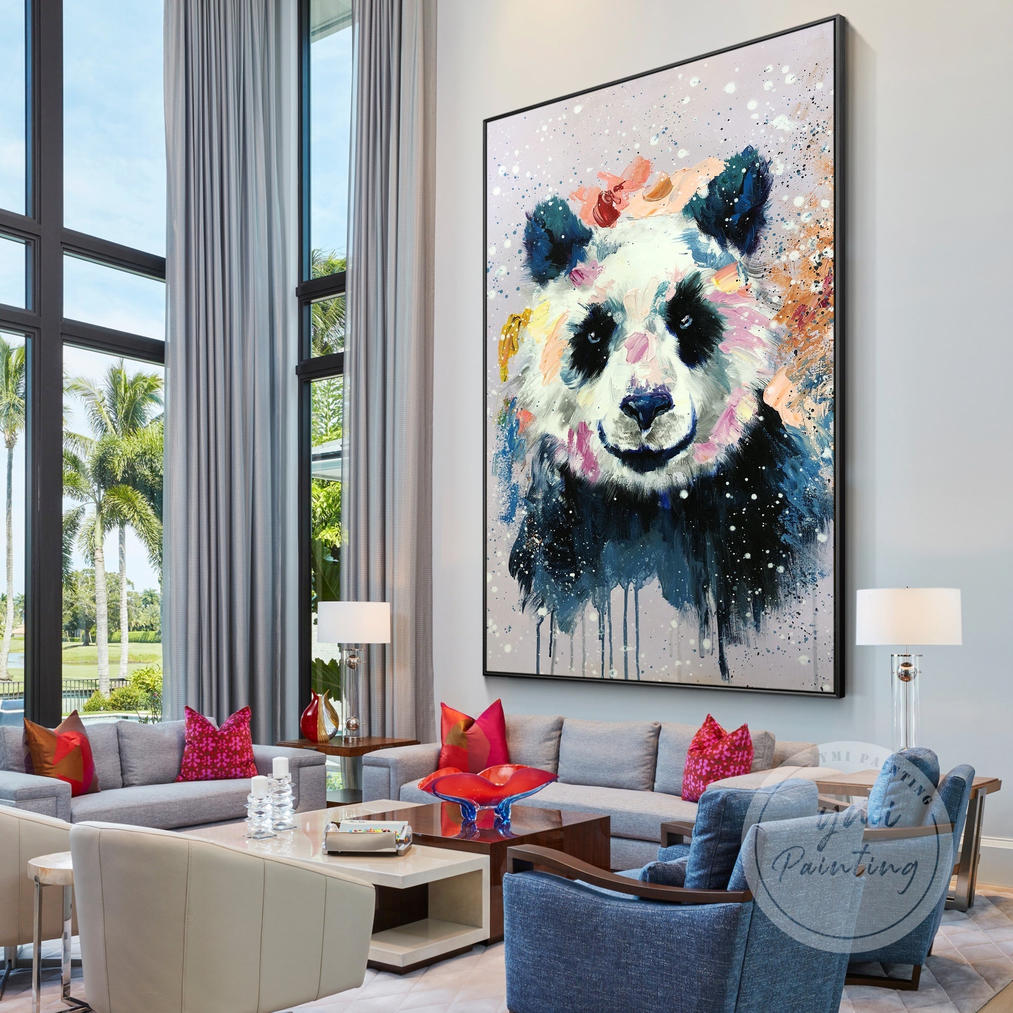 Large Watercolor Panda Print featuring a cheerful panda in a spectrum of colors, bringing life and energy to any room.