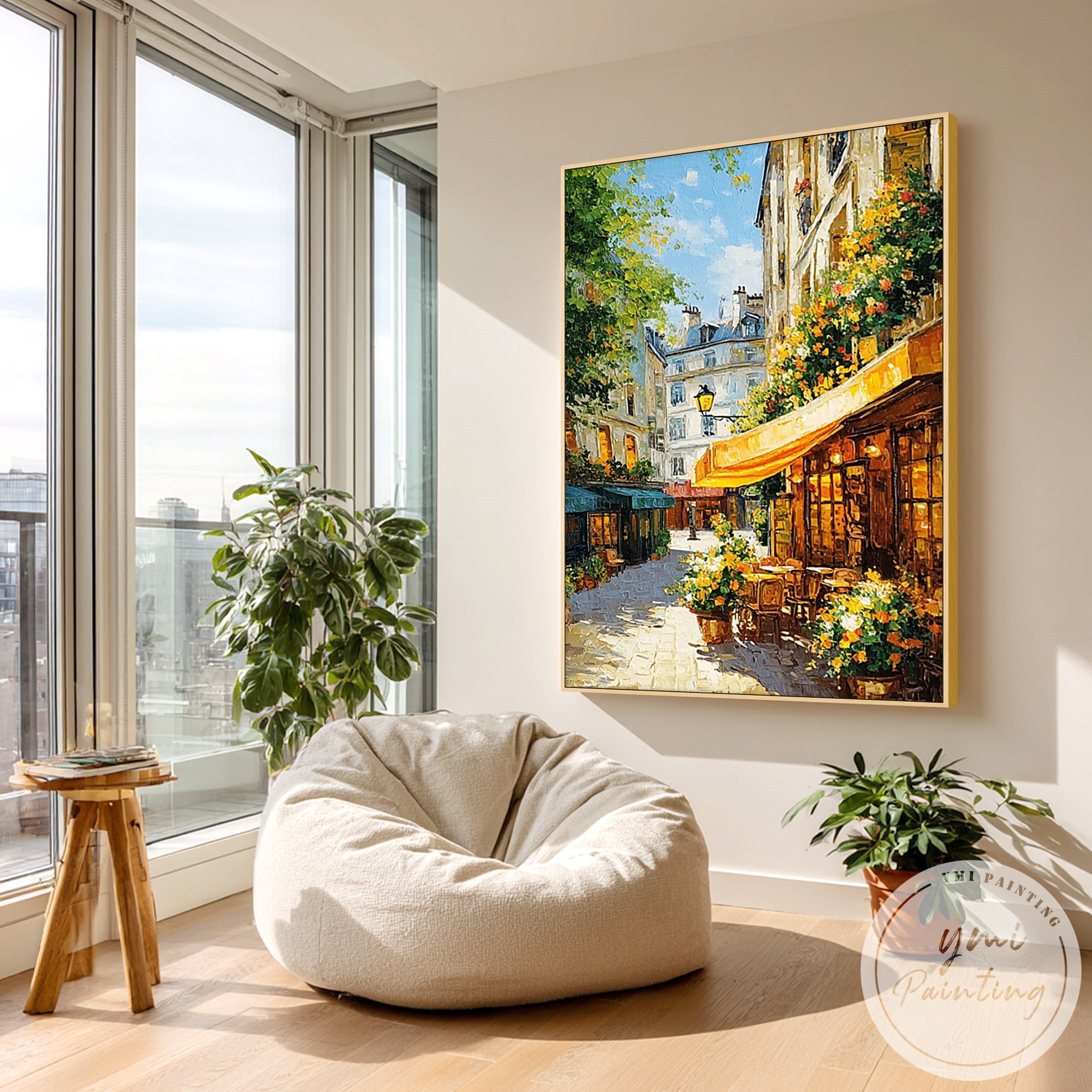 European cityscape with floral outdoor café artwork