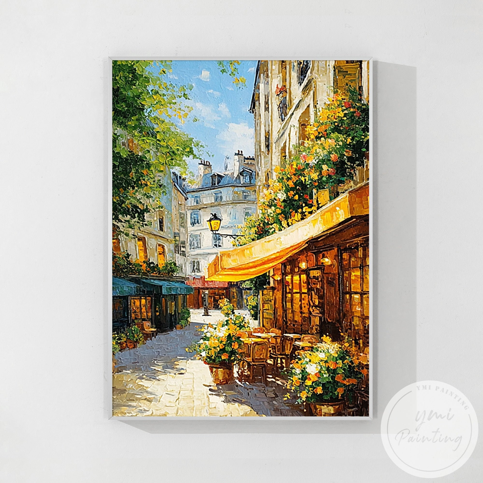 Romantic café street oil painting art print design
