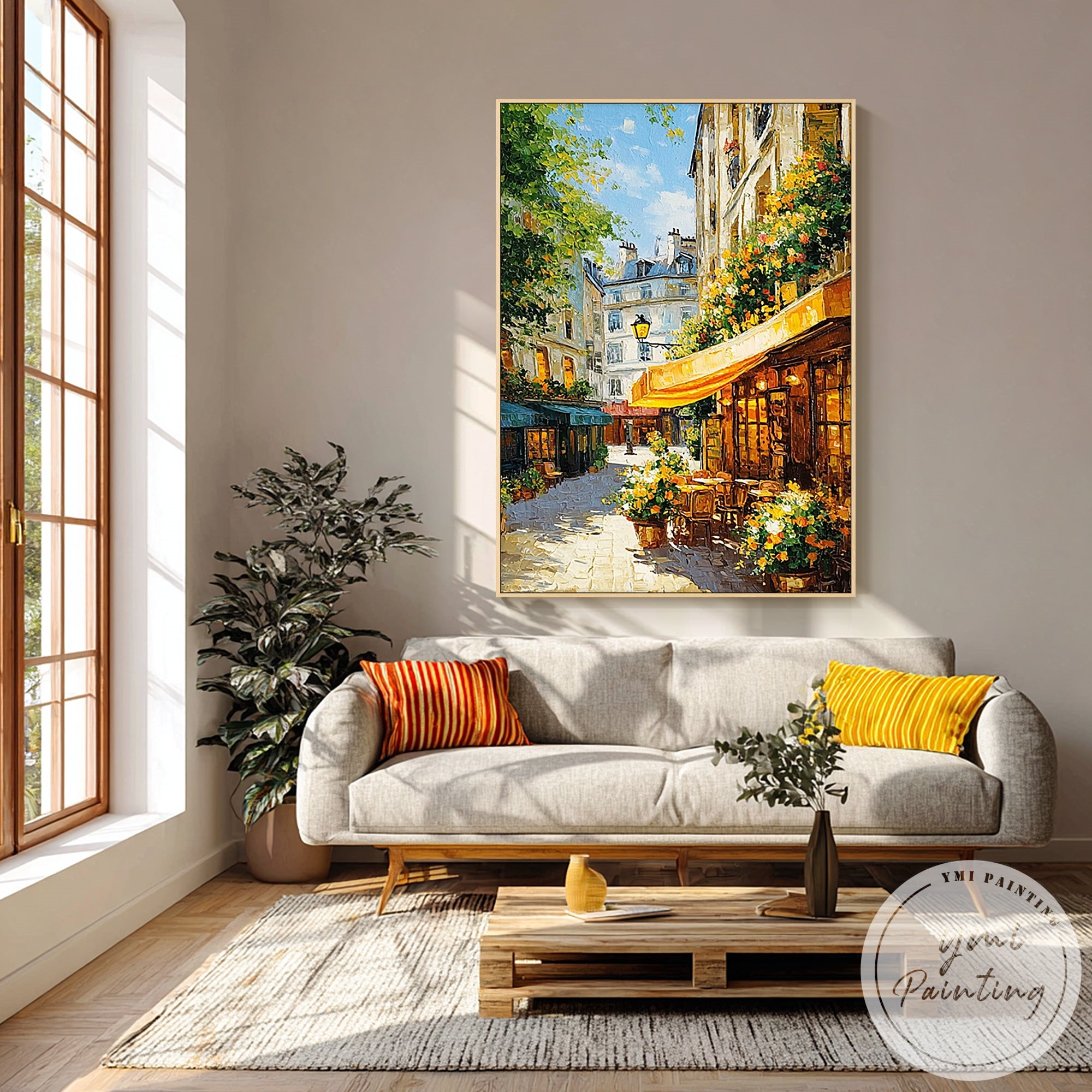 Floral café outdoor seating cityscape wall decor
