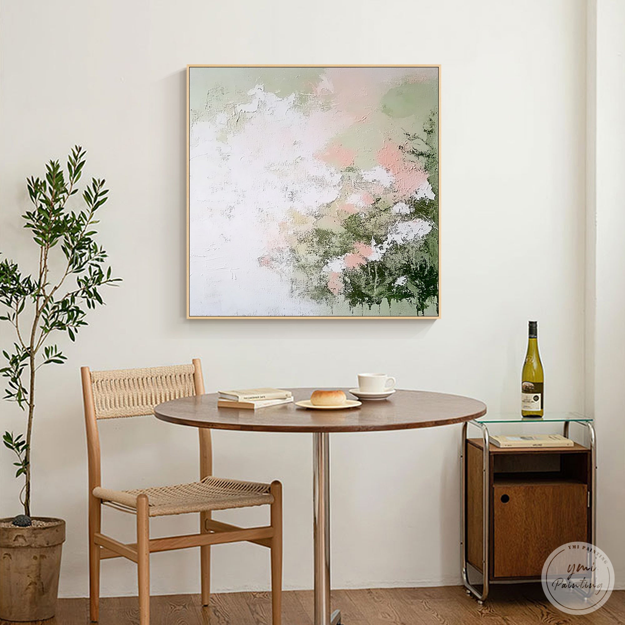Modern pastel abstract wall art styled on a room wall