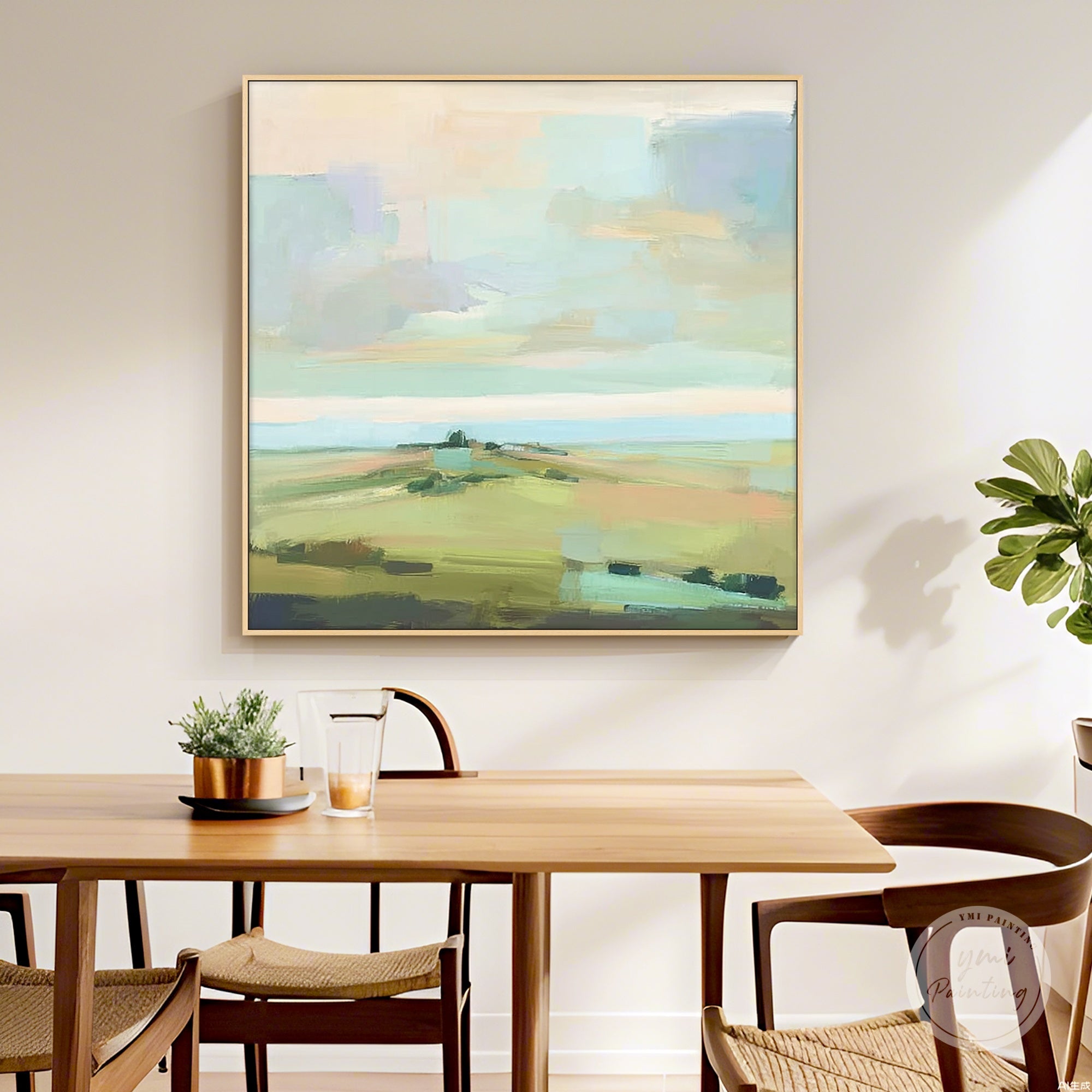 Soft green and blue abstract landscape square canvas displayed in a modern dining room