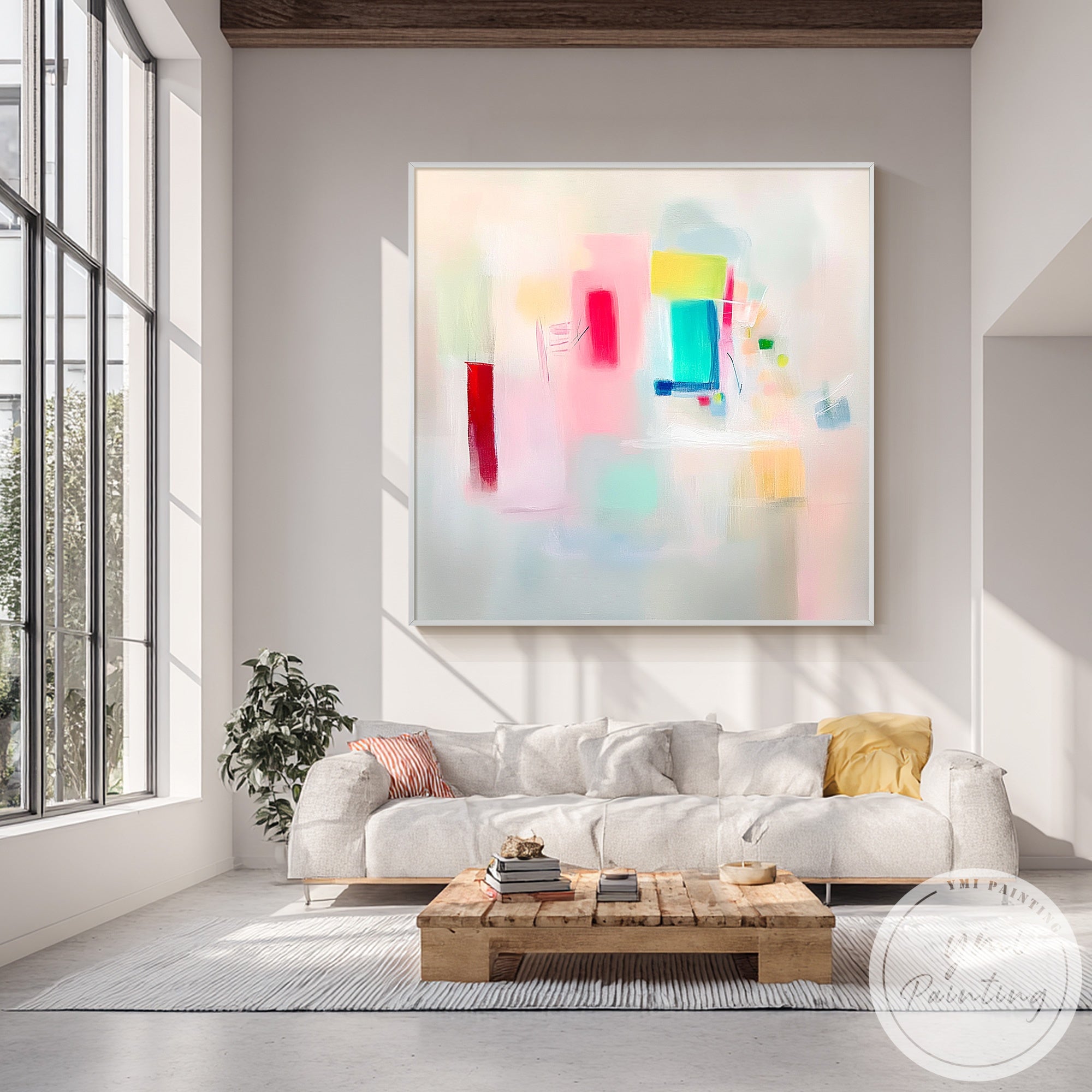 Large modern abstract wall decor in neutral contemporary lounge