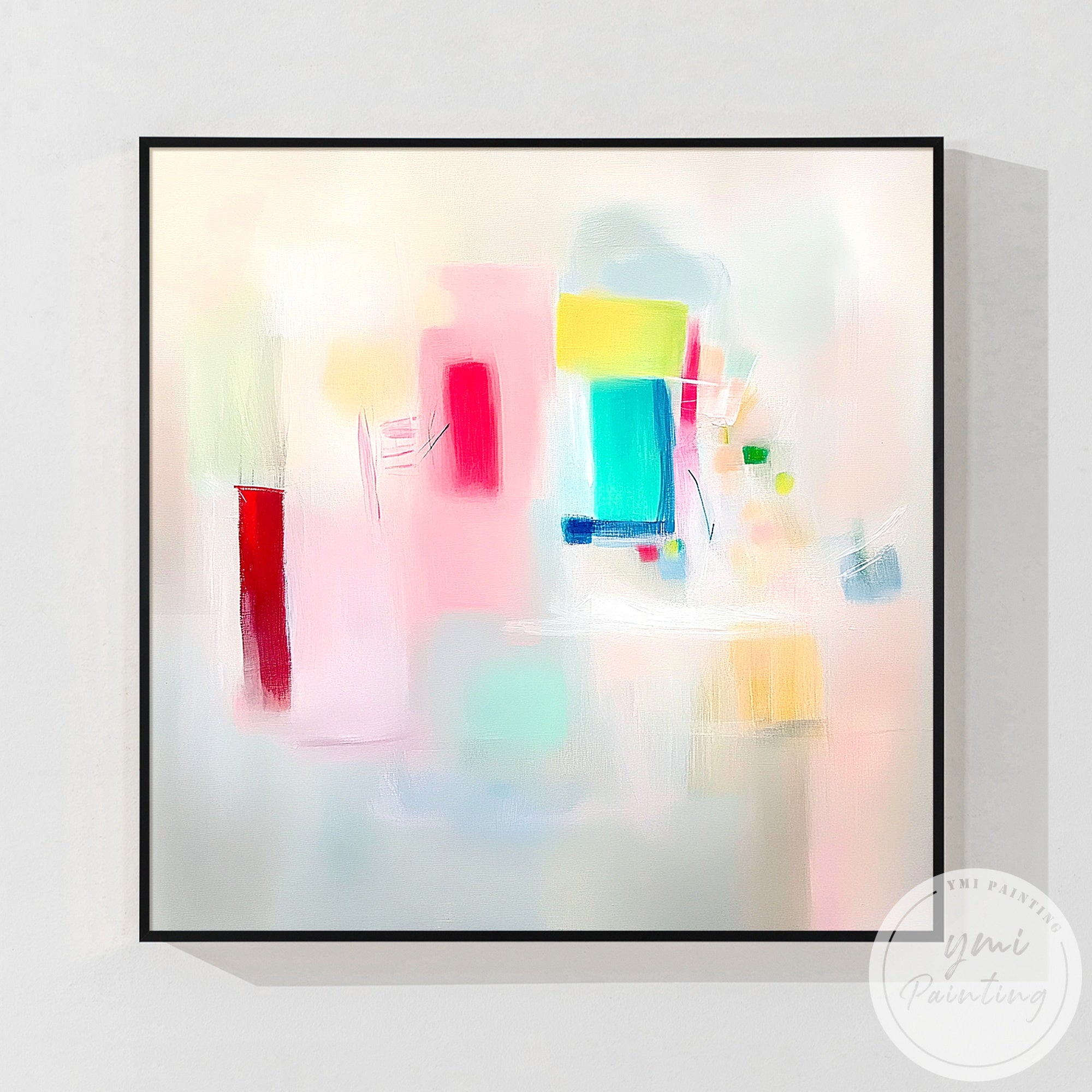 Modern colorful abstract canvas art displayed in minimalist dining room