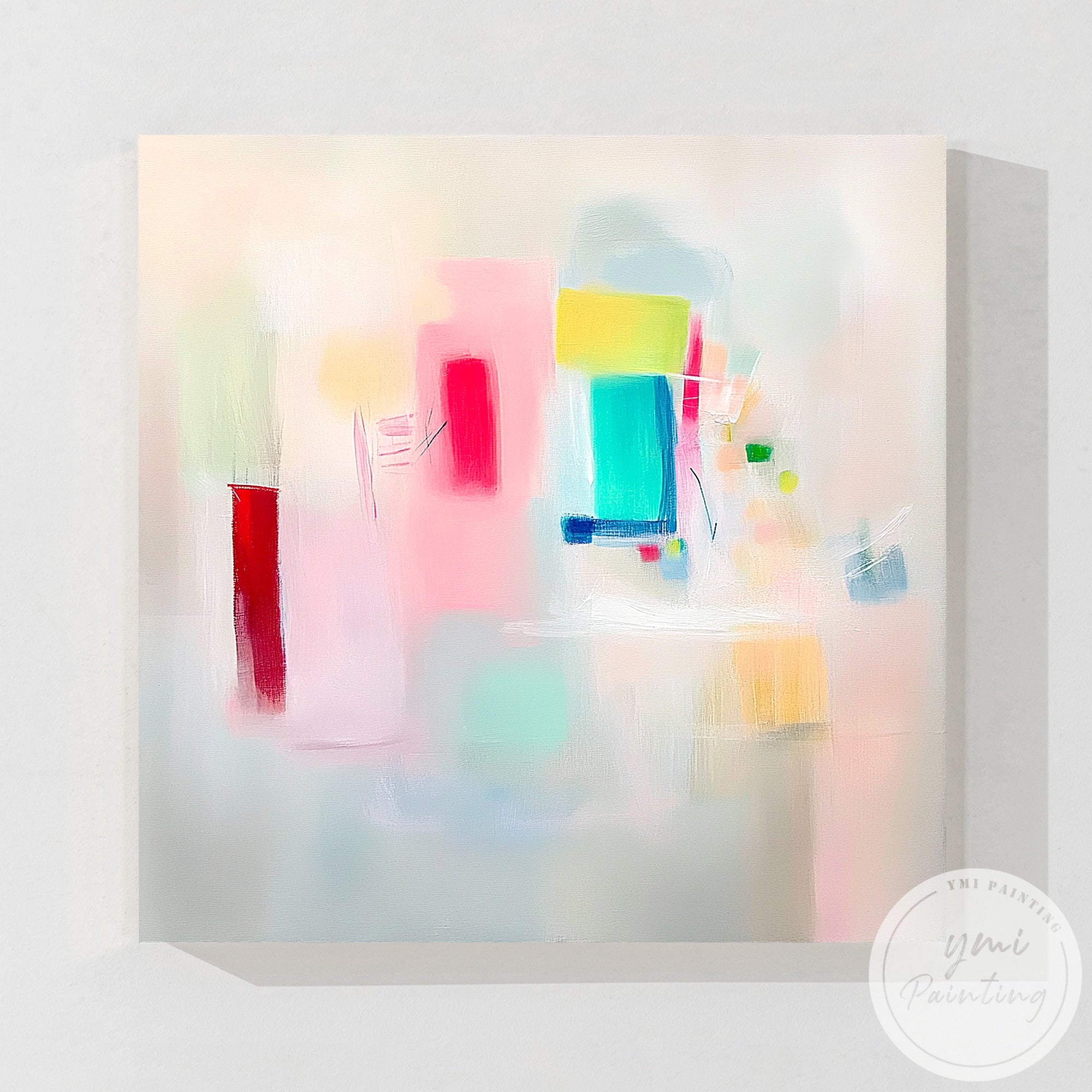 Modern colorful abstract canvas art displayed in minimalist dining room