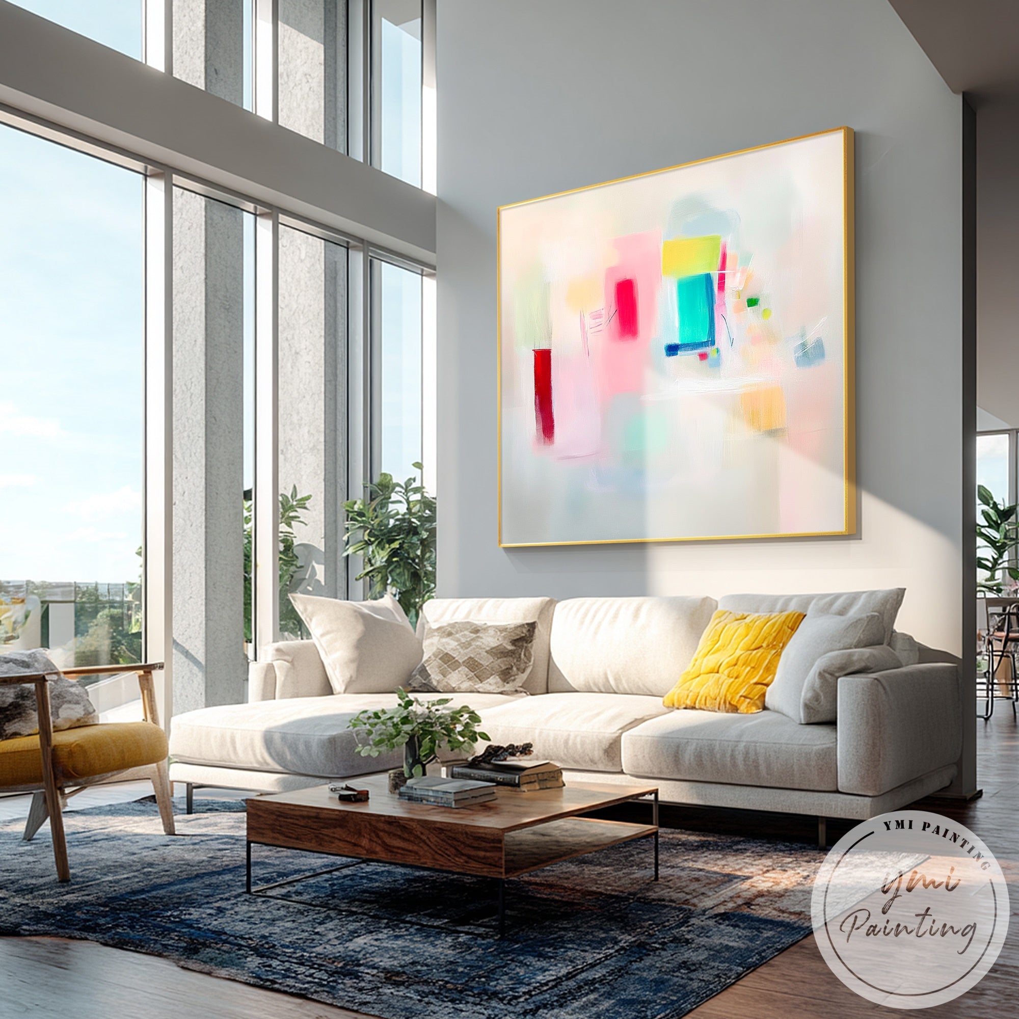 Modern colorful abstract canvas art displayed in minimalist dining room