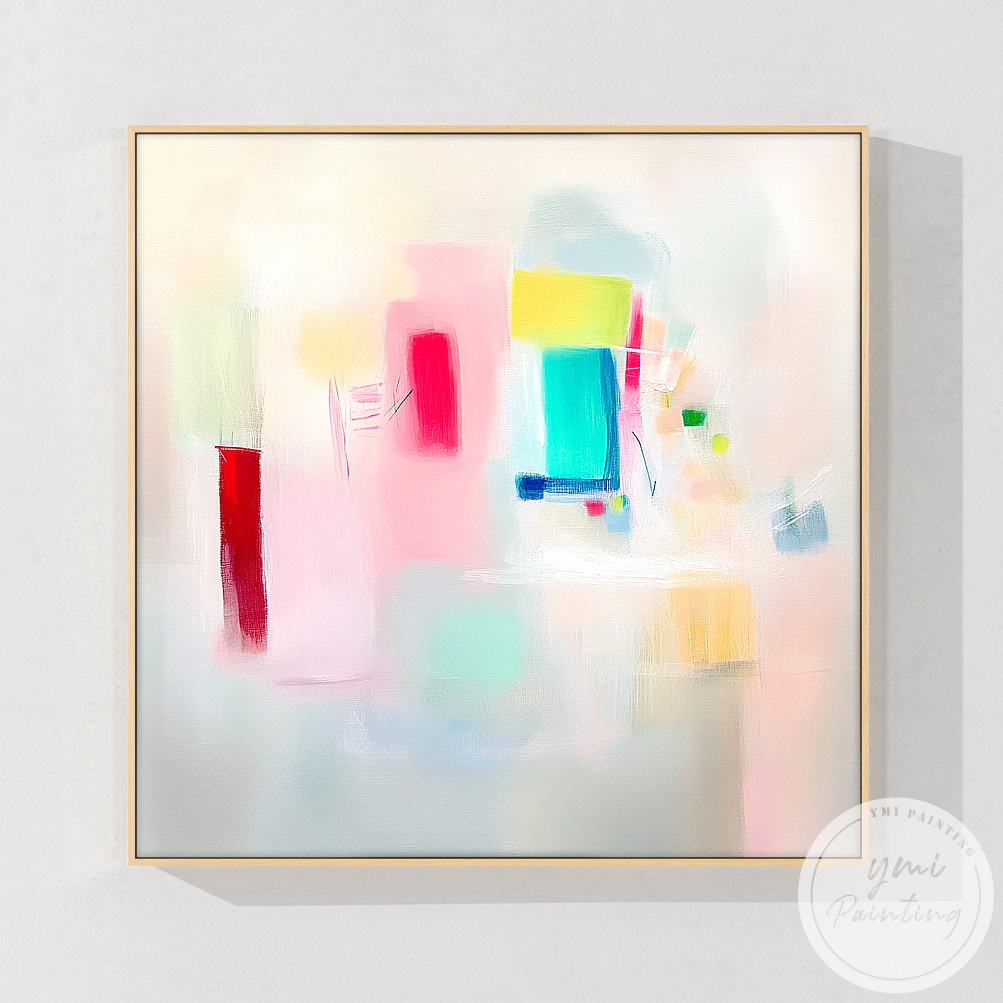 Modern colorful abstract canvas art displayed in minimalist dining room