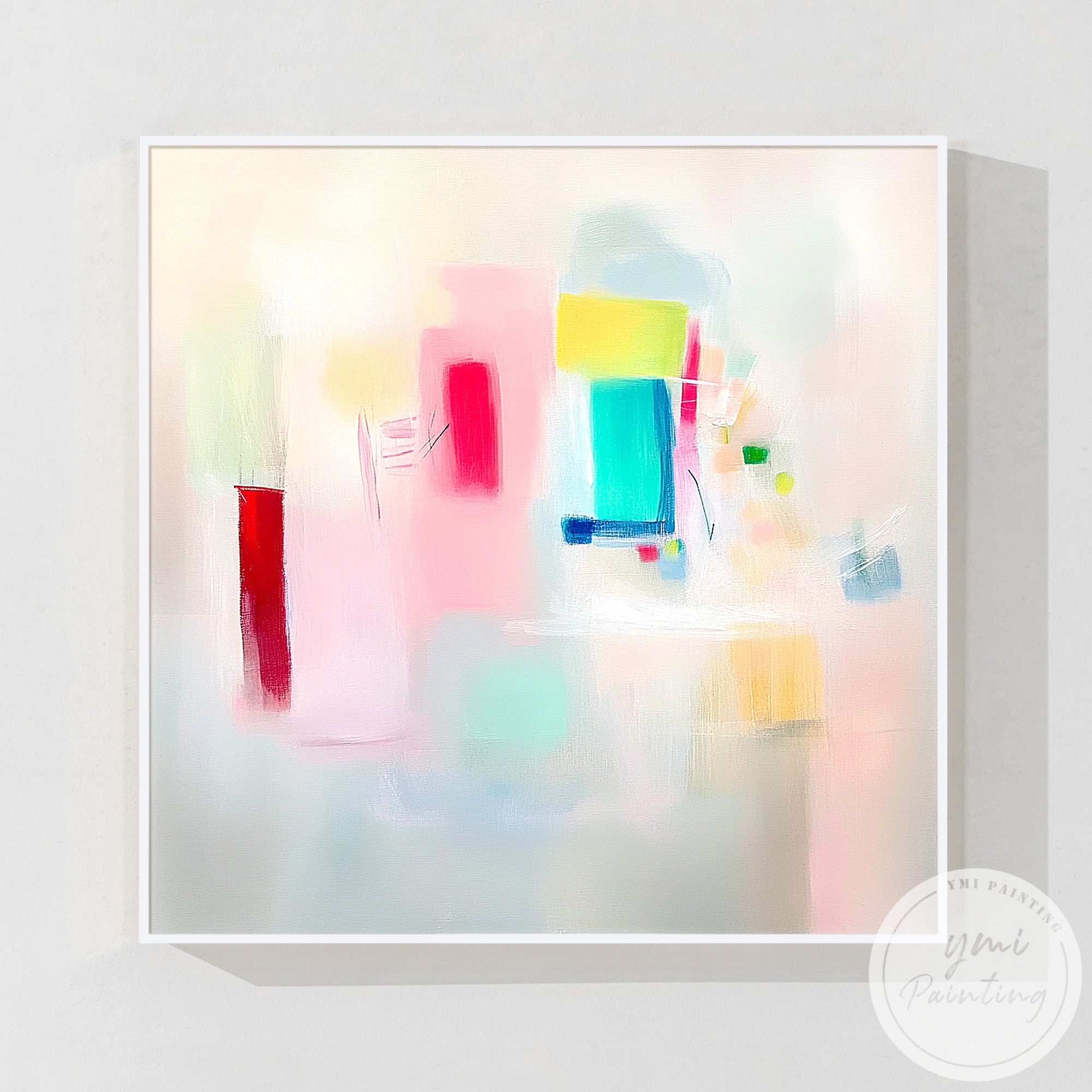 Modern colorful abstract canvas art displayed in minimalist dining room