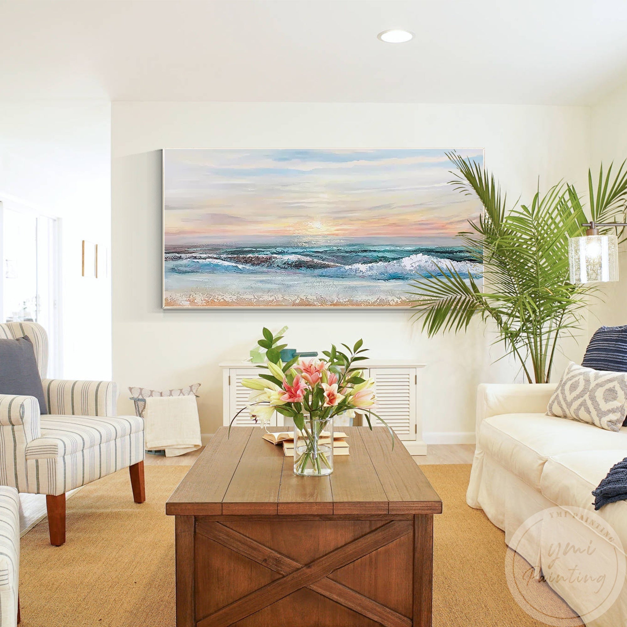Transform your modern living room into a tranquil retreat with this captivating beach sunset artwork. Featuring gentle waves in soft pastel hues, it radiates a serene and calming ambiance, perfect for creating a peaceful and inviting space.