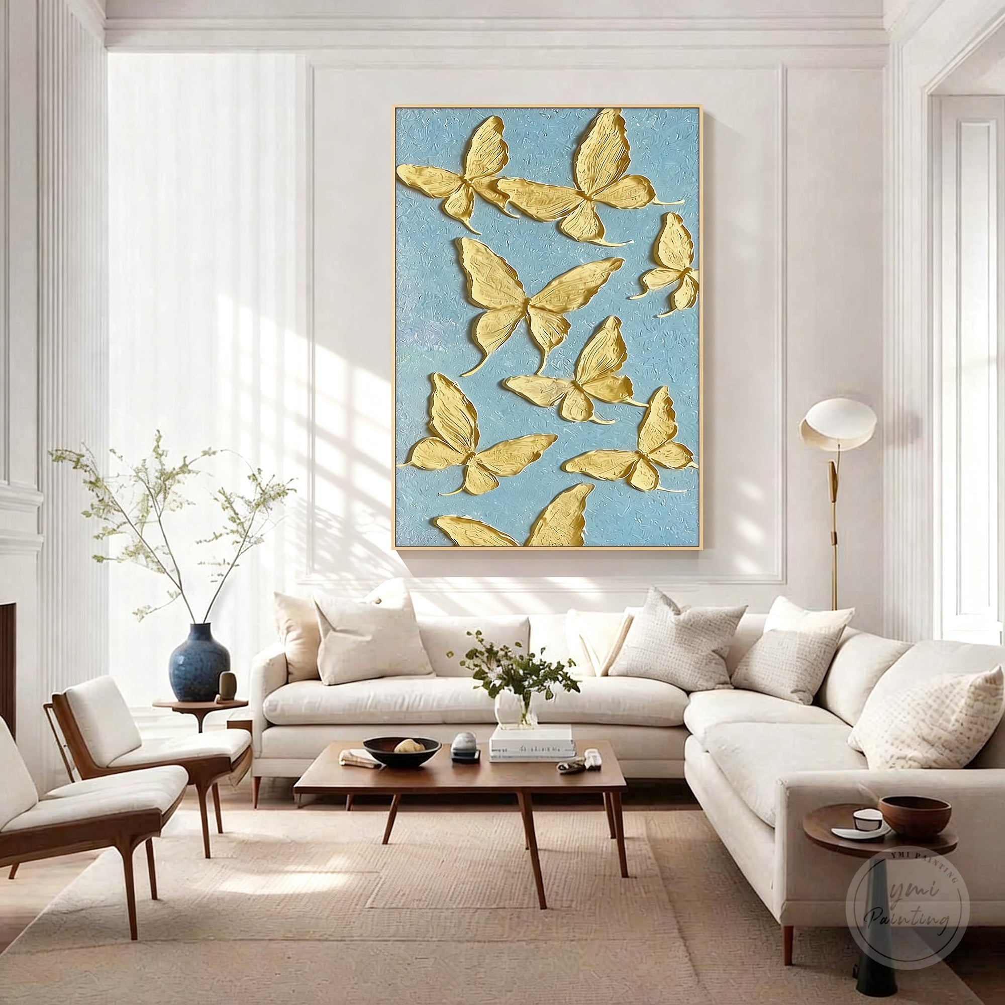 Textured butterfly wall art with soft blue background