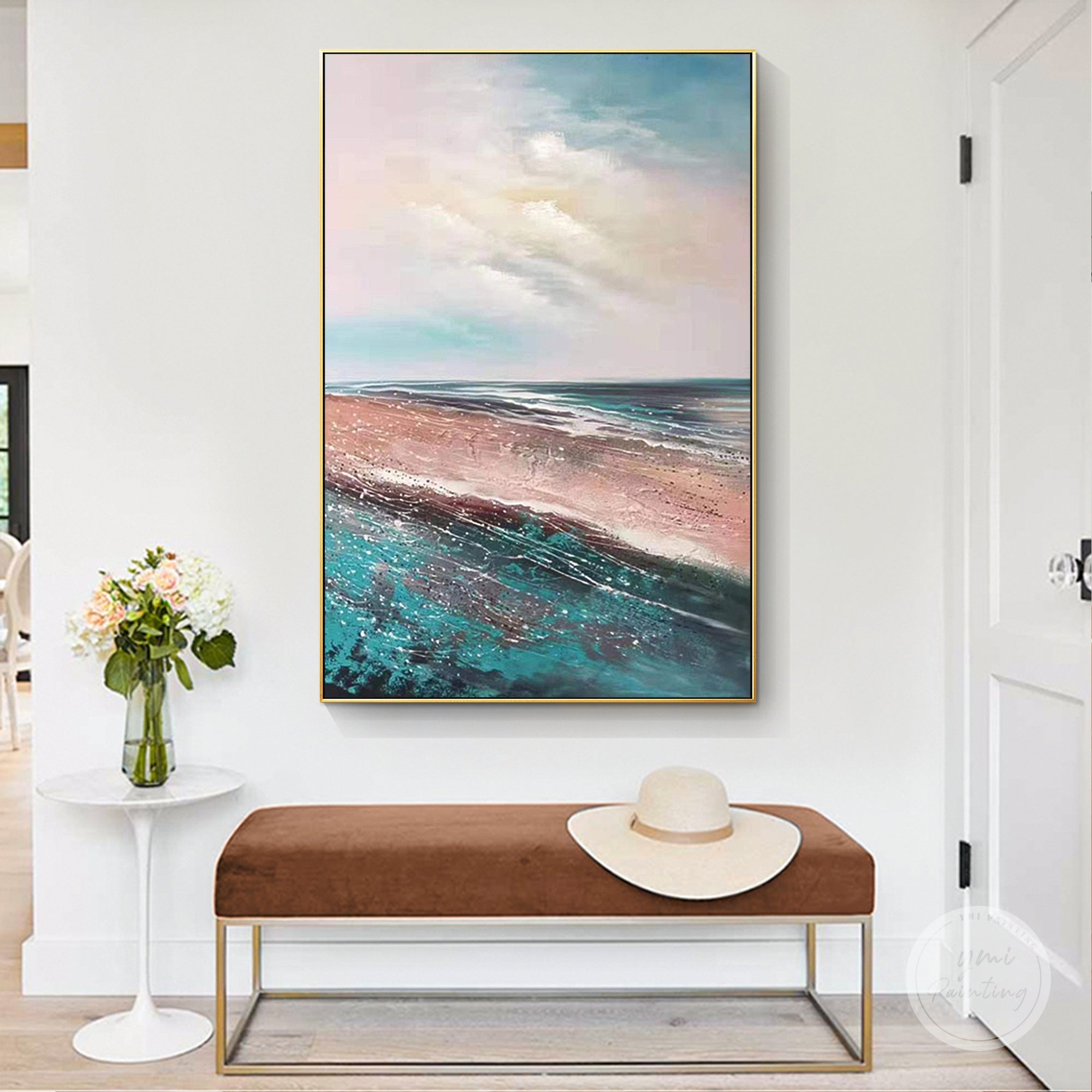 Pastel seascape painting for entryway wall decor with turquoise ocean and soft beach tones
