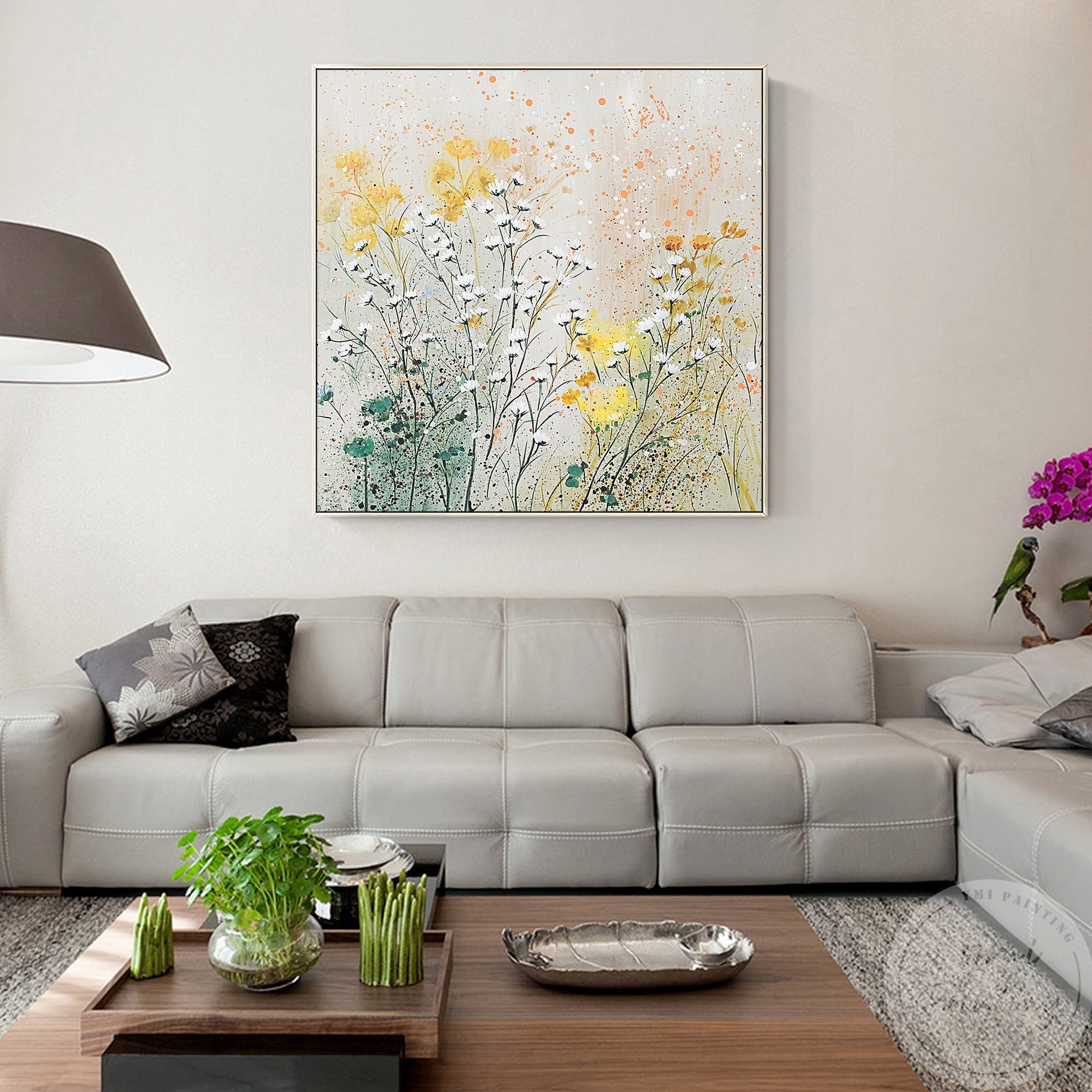 This delicate wildflower painting in yellow, green, and white tones can enhances minimalist interiors with its soft palette and calming aesthetic.
