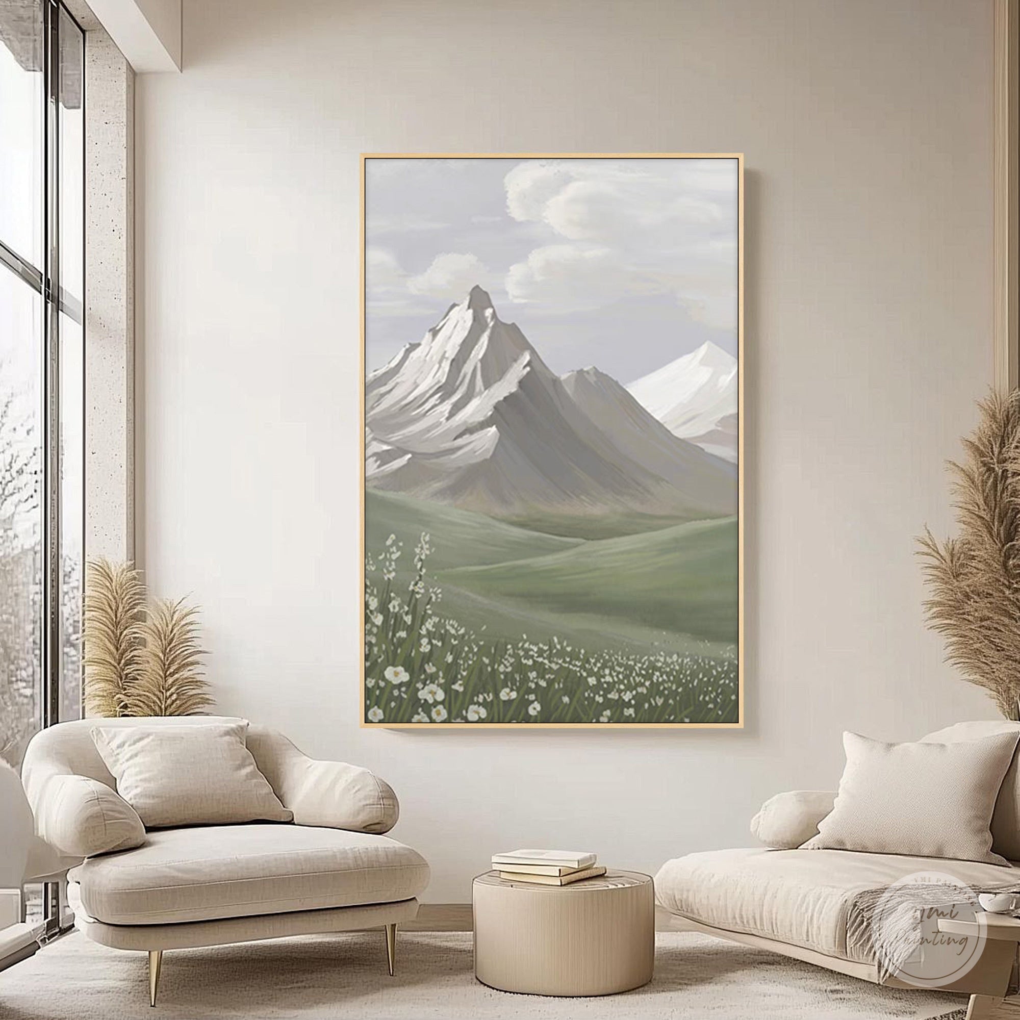 Peaceful white wildflowers and green meadow landscape in a modern living room