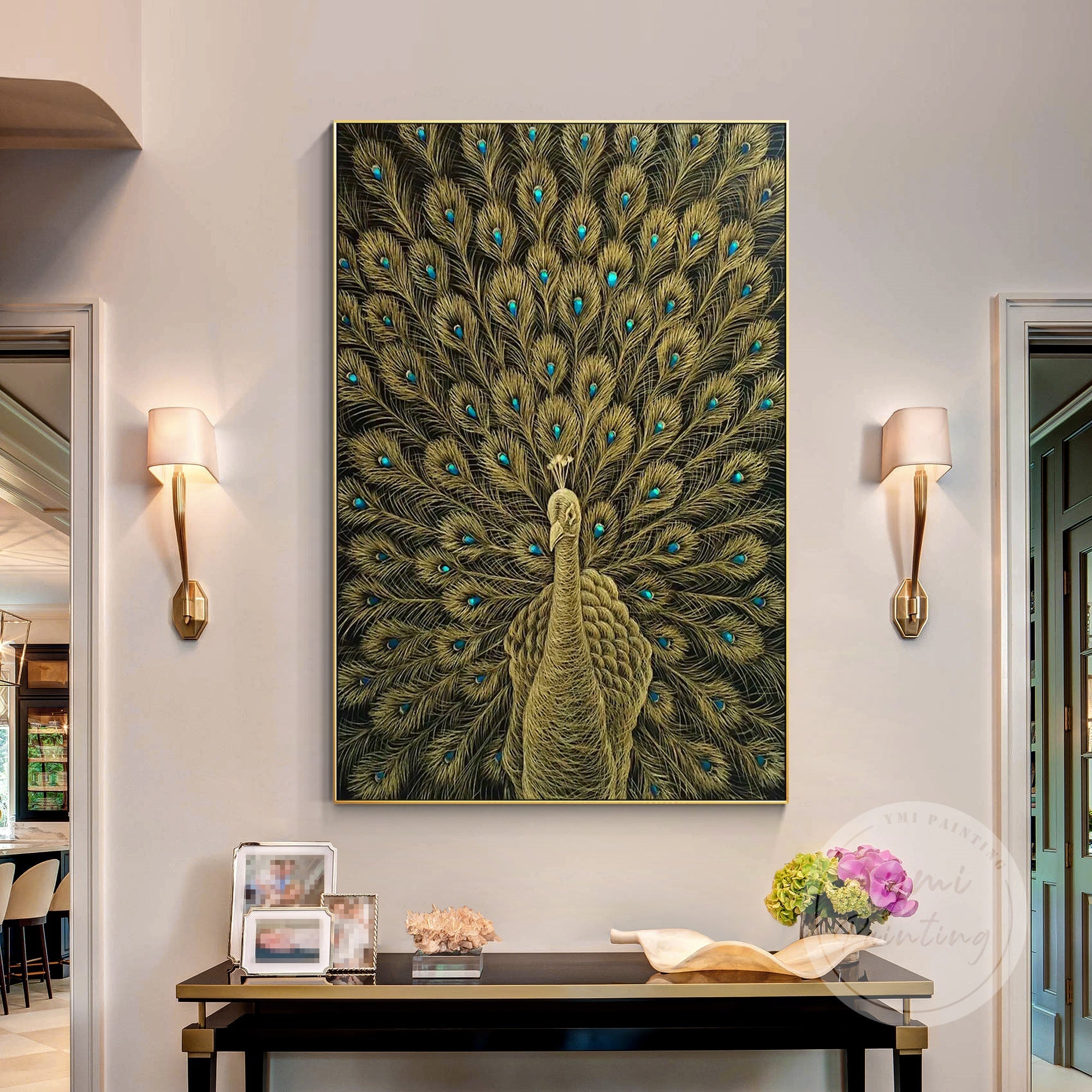 Abstract Peacock Canvas Painting with gold line art and palette knife texture.