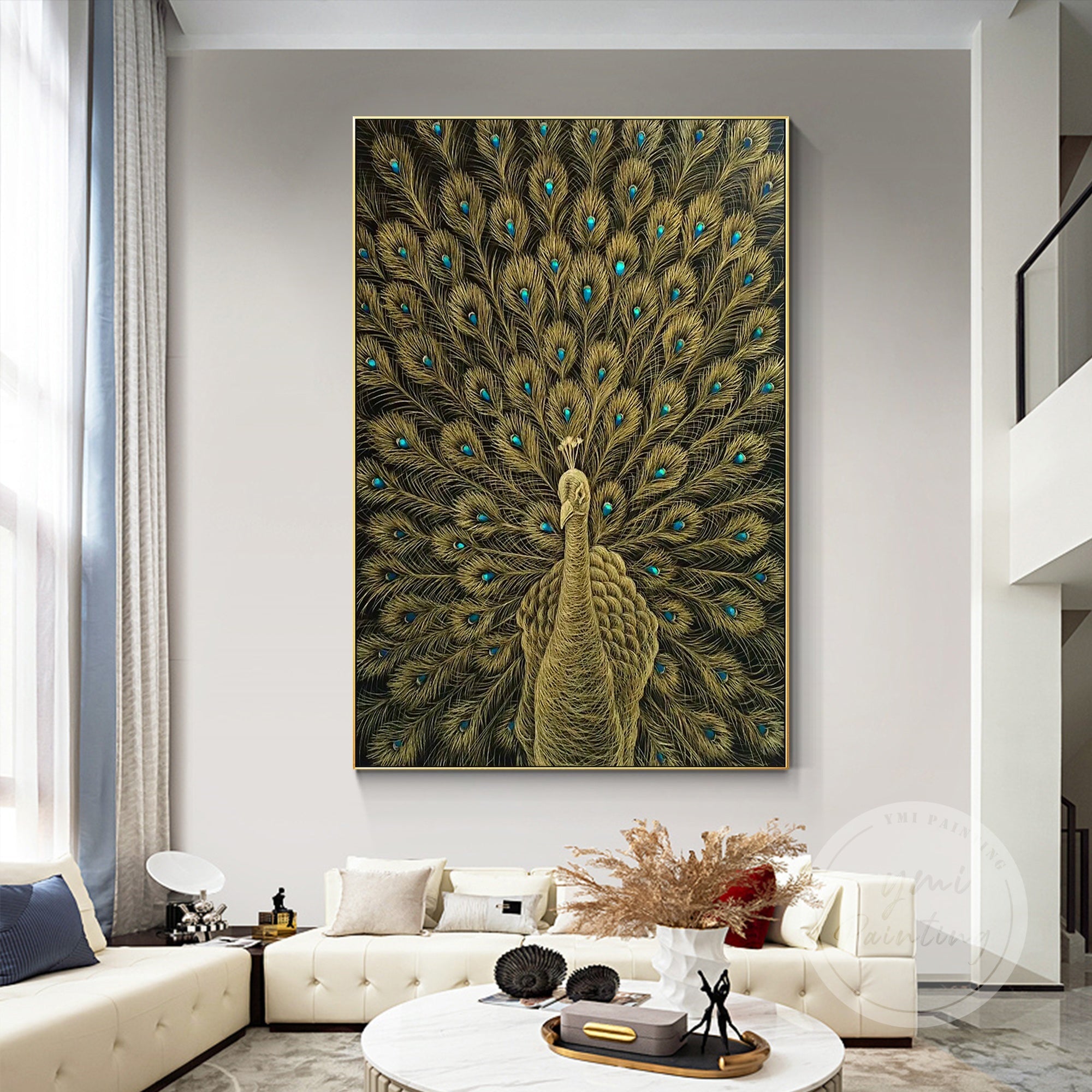 Elegant Peacock Wall Art featuring golden accents and acrylic scrape technique.
