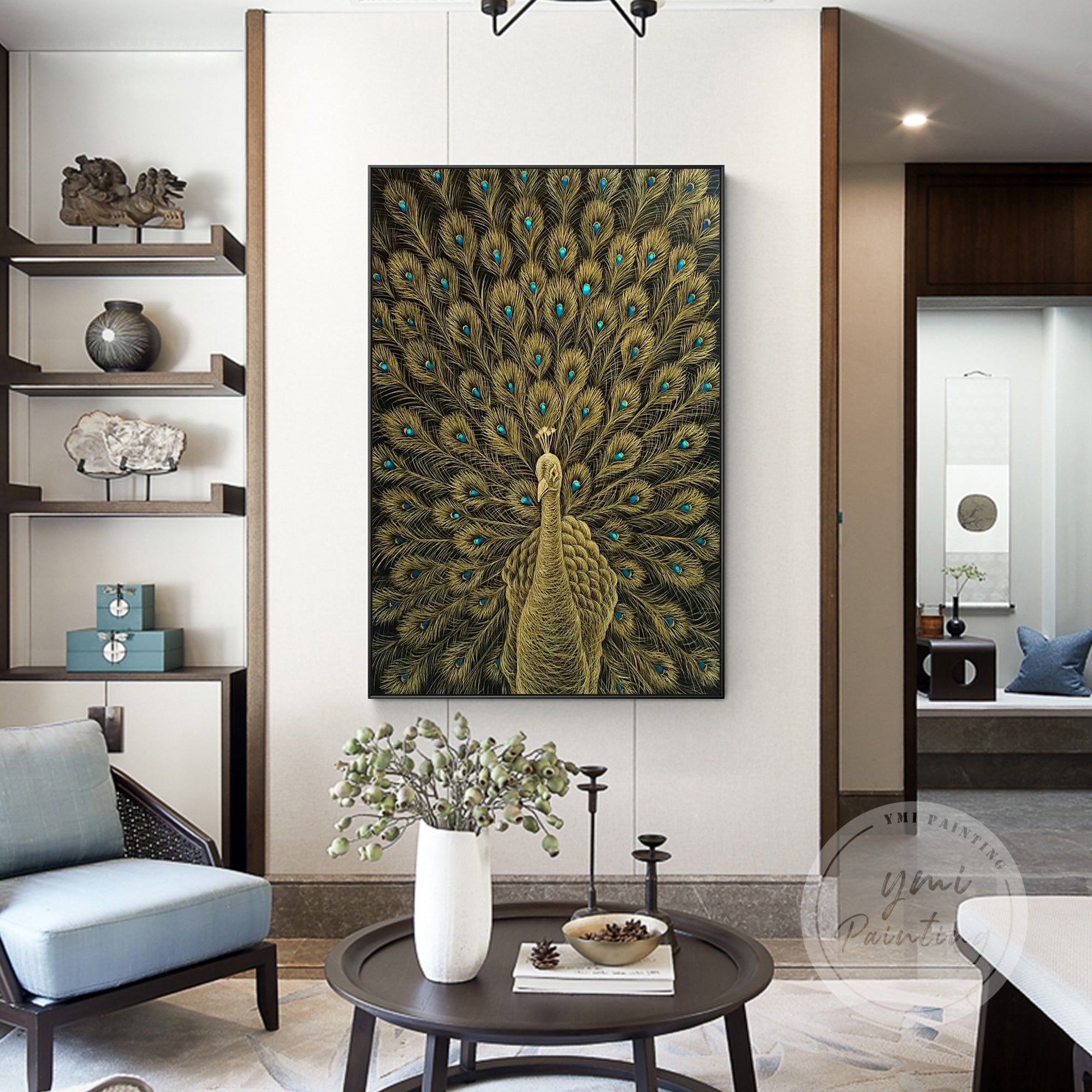 Animal-inspired Peacock Painting in abstract style with bold textures and shimmer.