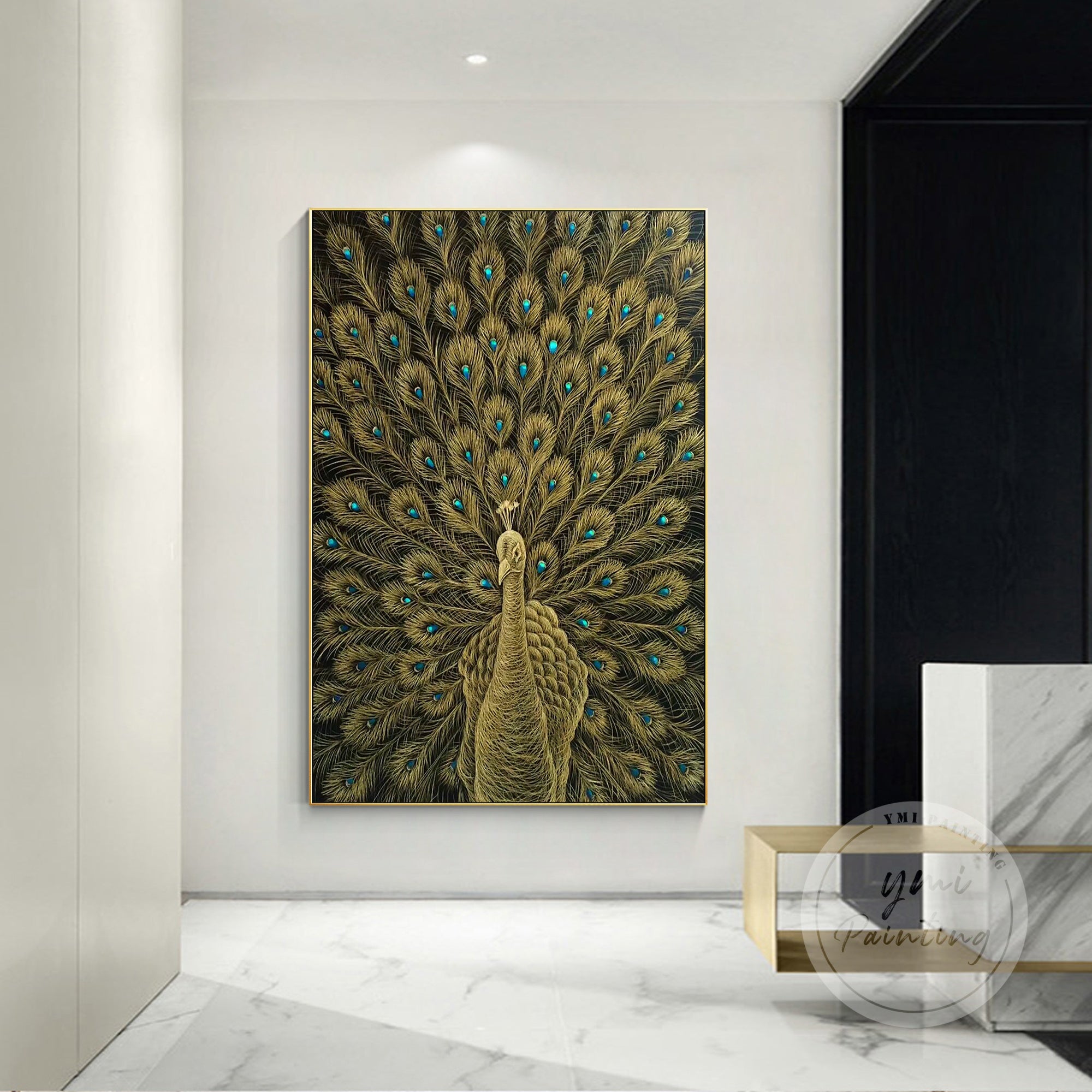Original Canvas Art of a Peacock with gold strokes and knife-scraped layers.