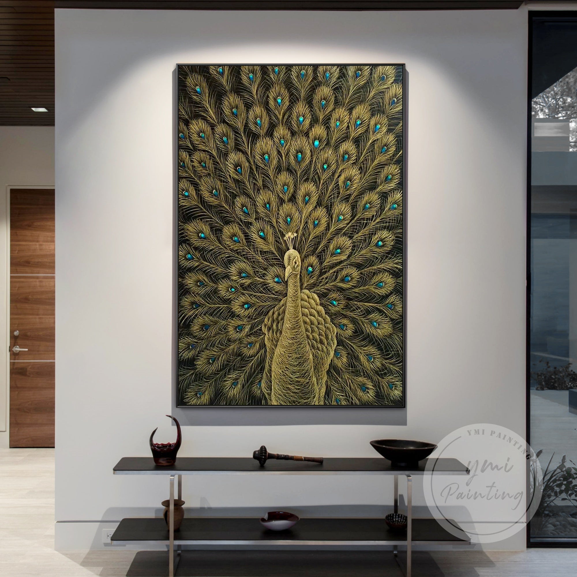 Modern Peacock Acrylic Wall Picture with luxurious gold line details.