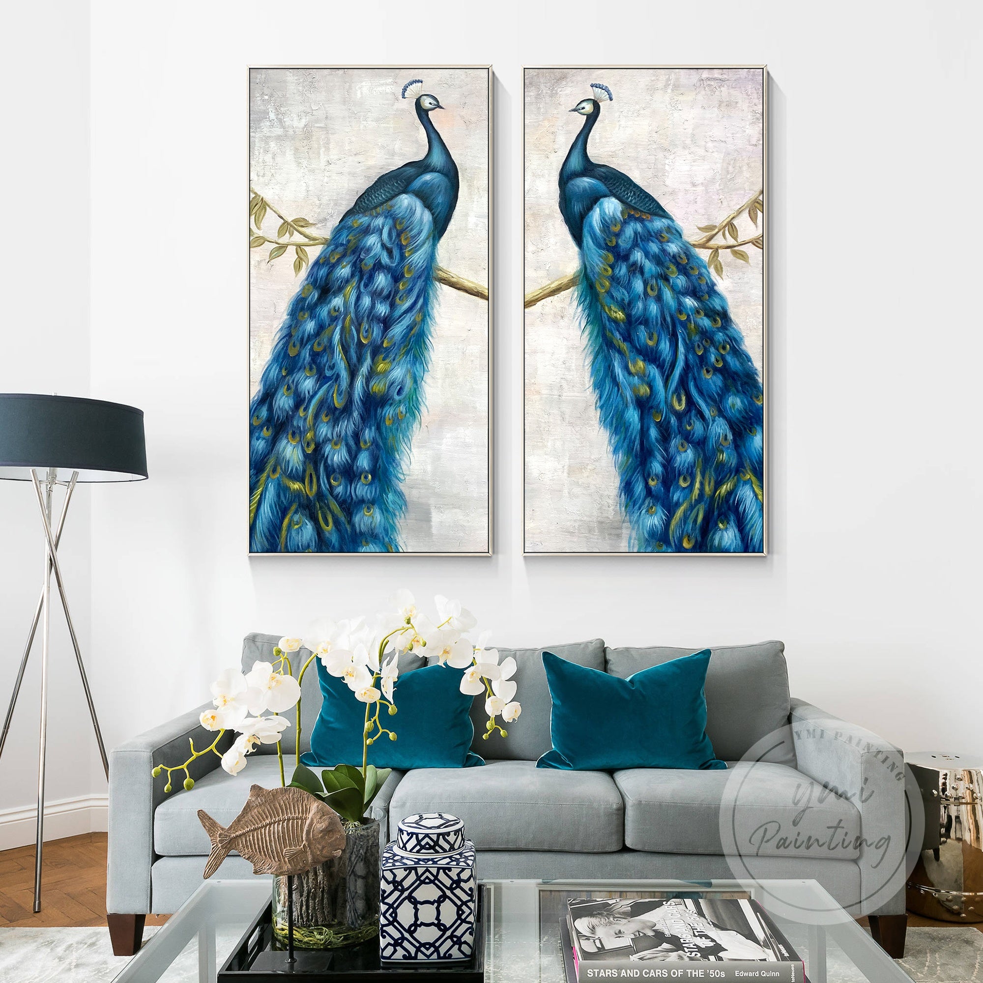 Set of 2 Blue Peacock Paintings on canvas, symbolizing elegance and nobility.