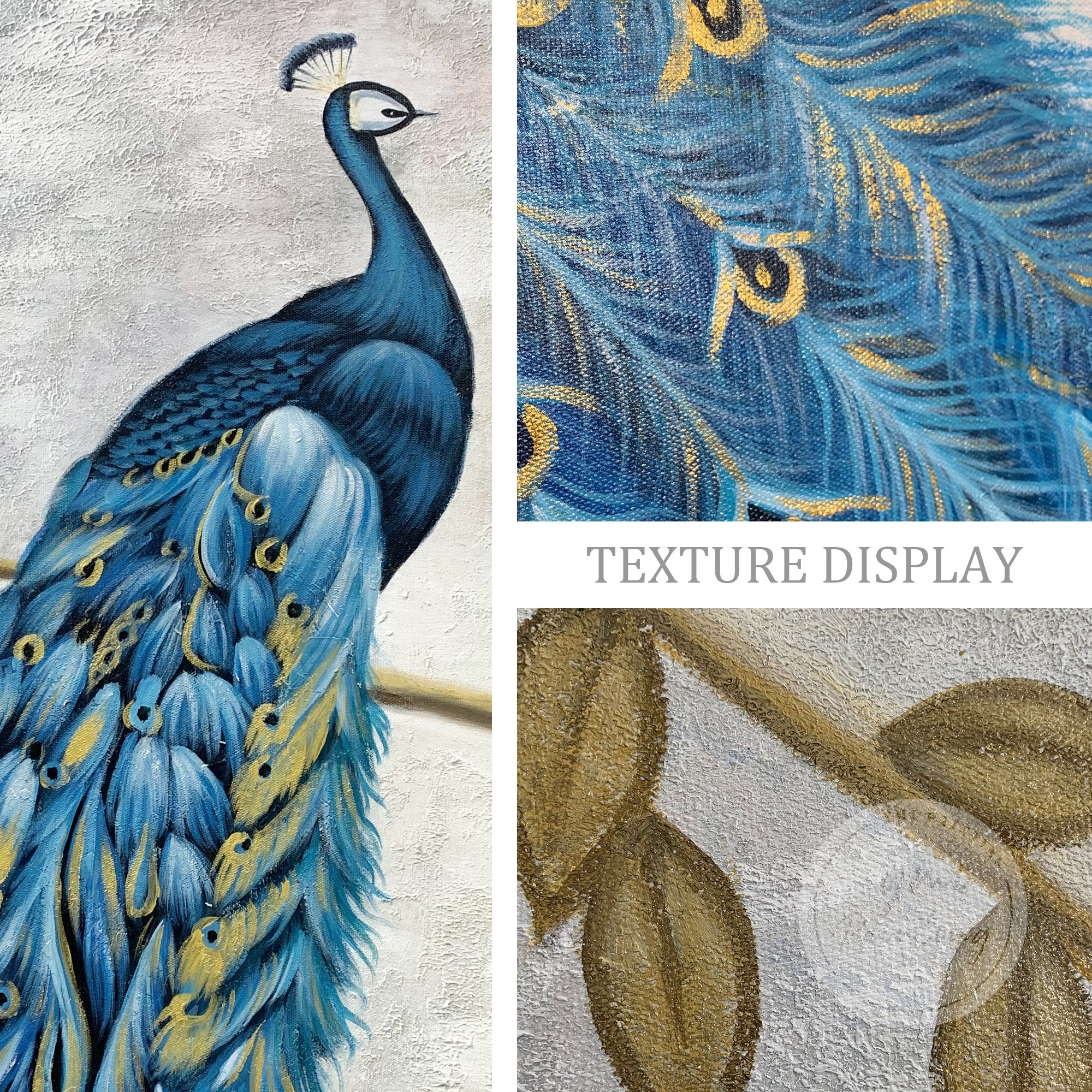 Abstract Oil Animal Wall Art featuring a majestic peacock pair in vibrant blue tones.