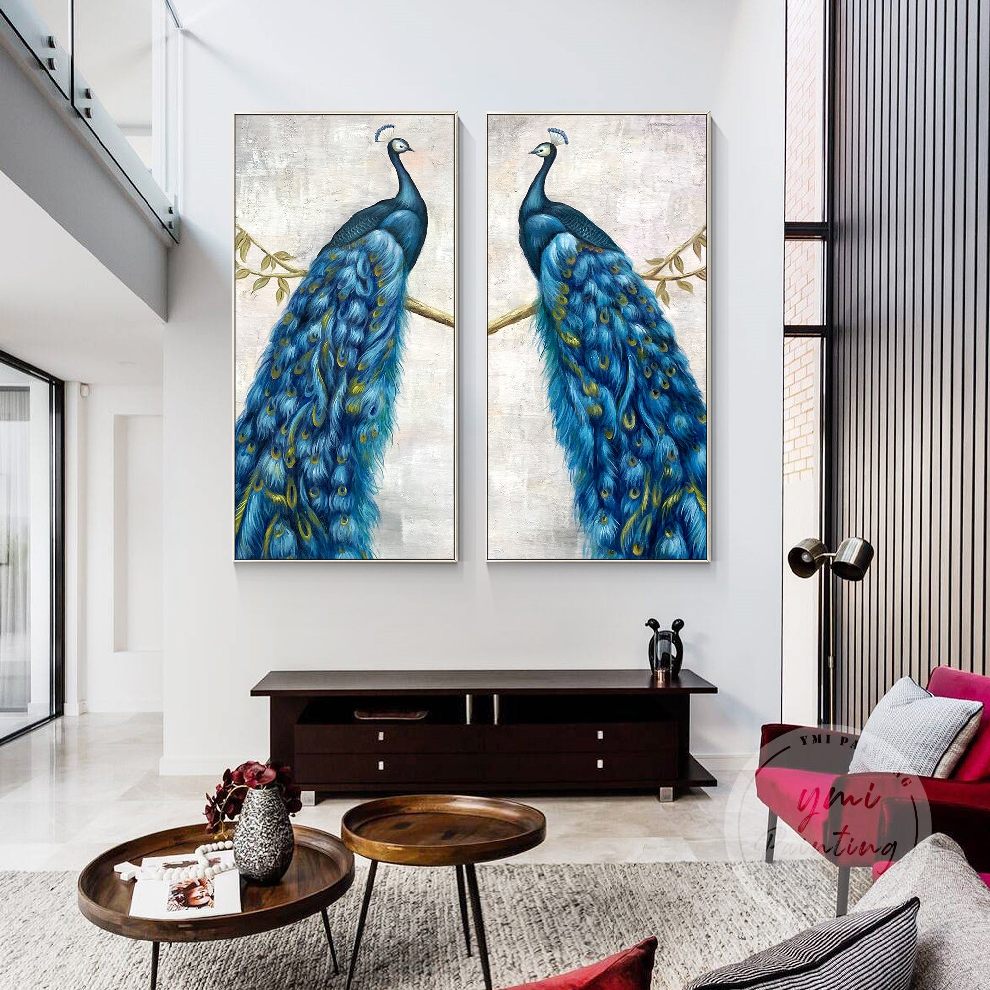 Framed Blue Peacock Canvas Art Set, perfect for modern interiors.