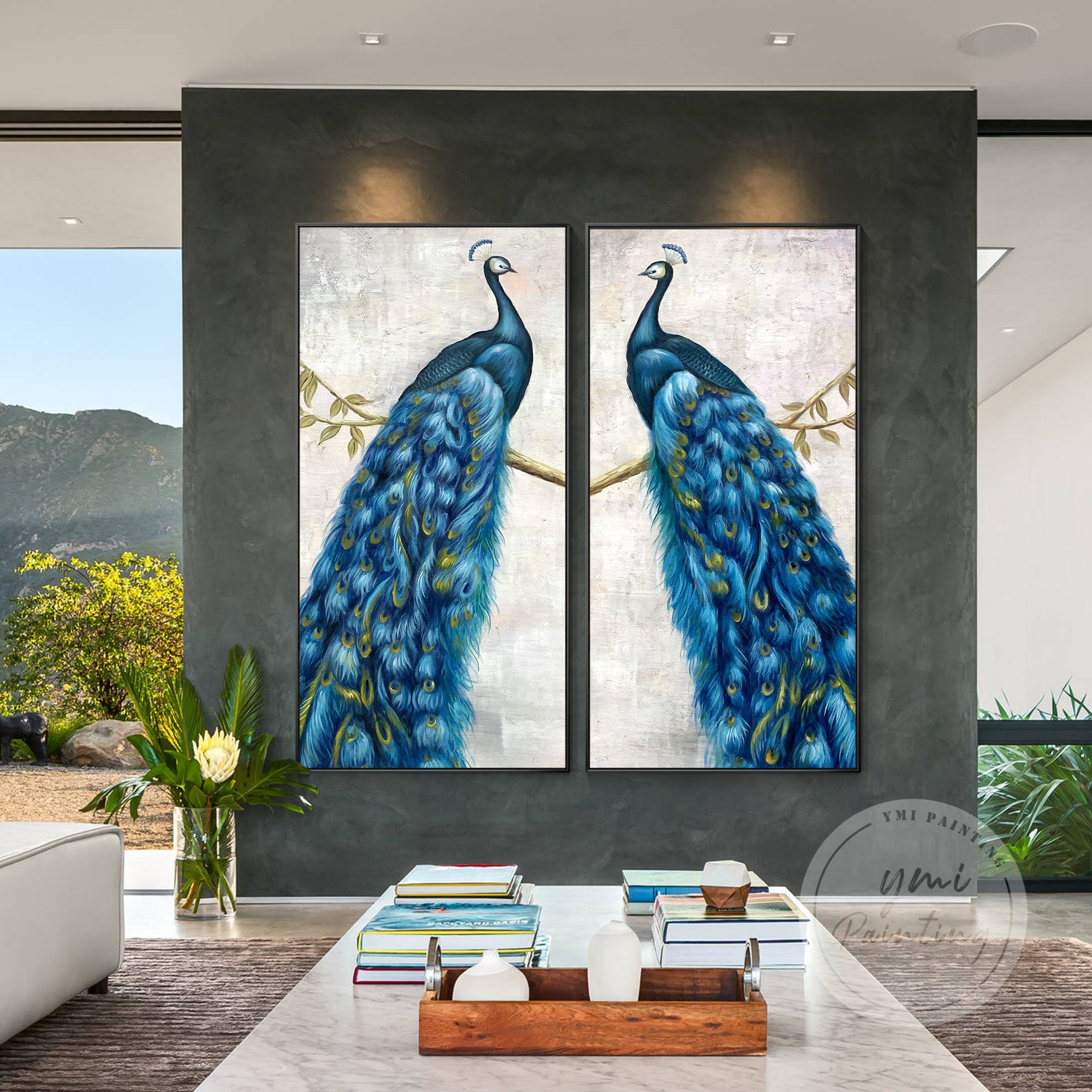 Large Wall Art Set with matching peacock designs for a symmetrical aesthetic.