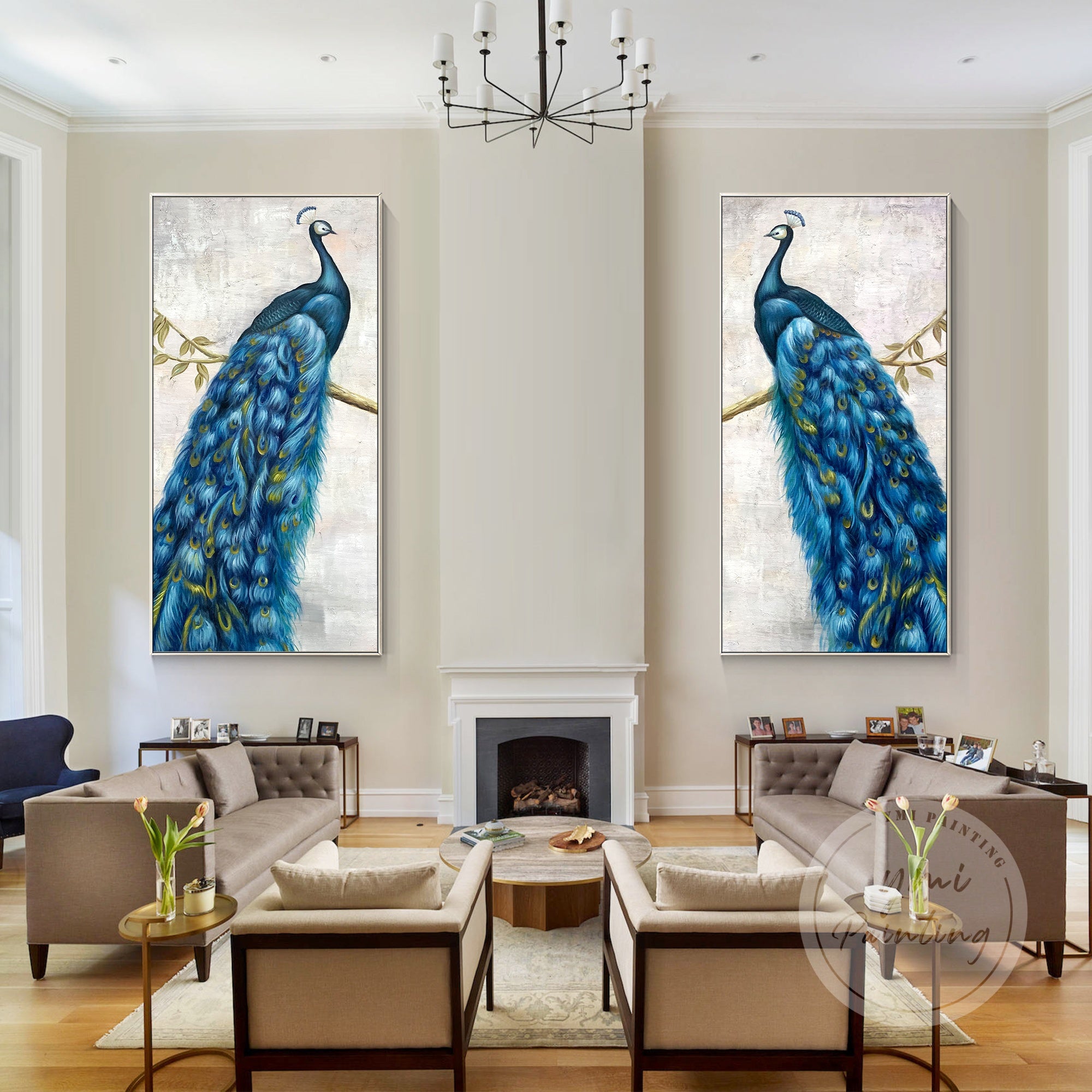 Elegant Peacock Artwork in textured oil style for luxurious home decor.