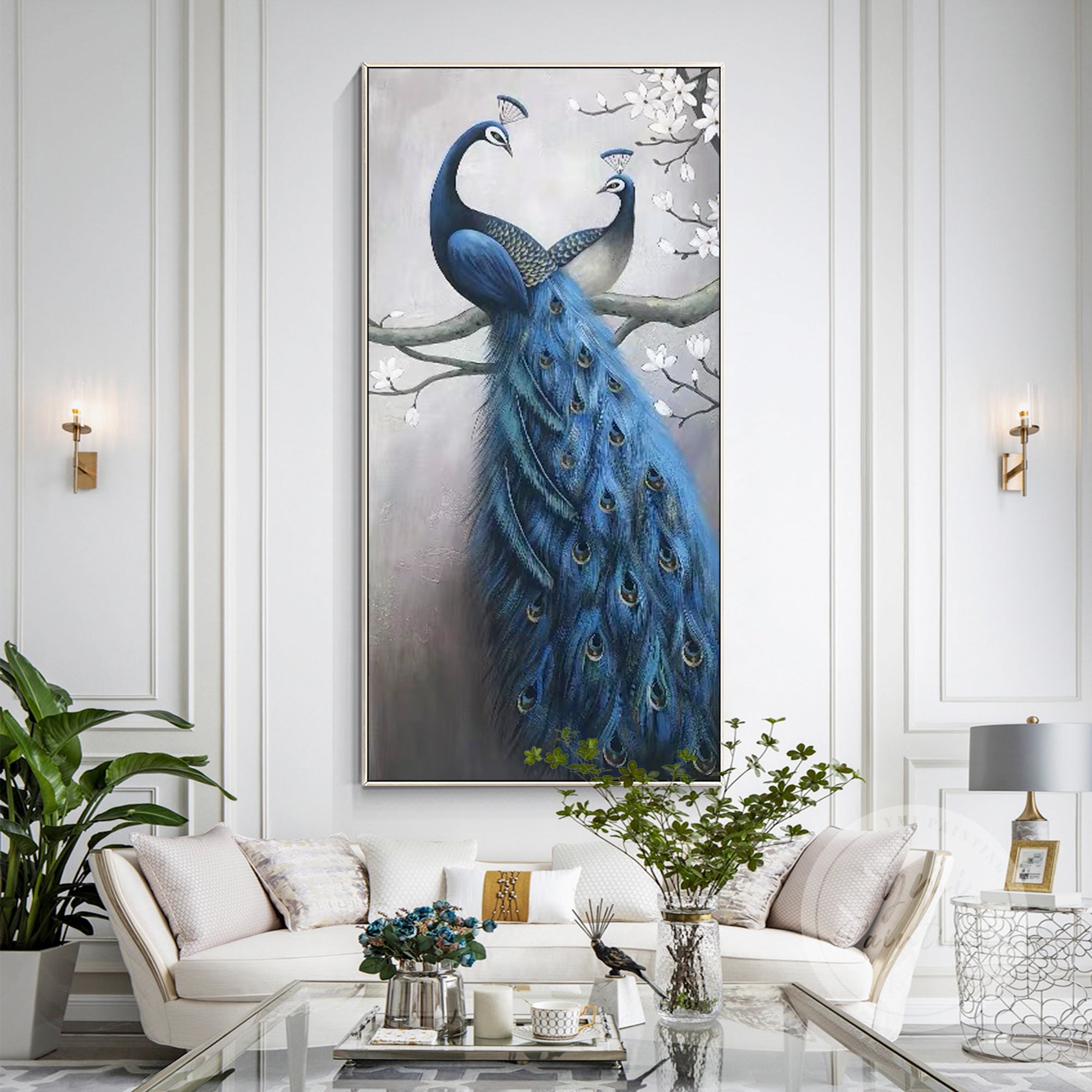 Blue Peacock with White Flowers Oil Painting on canvas, symbolizing grace and purity.