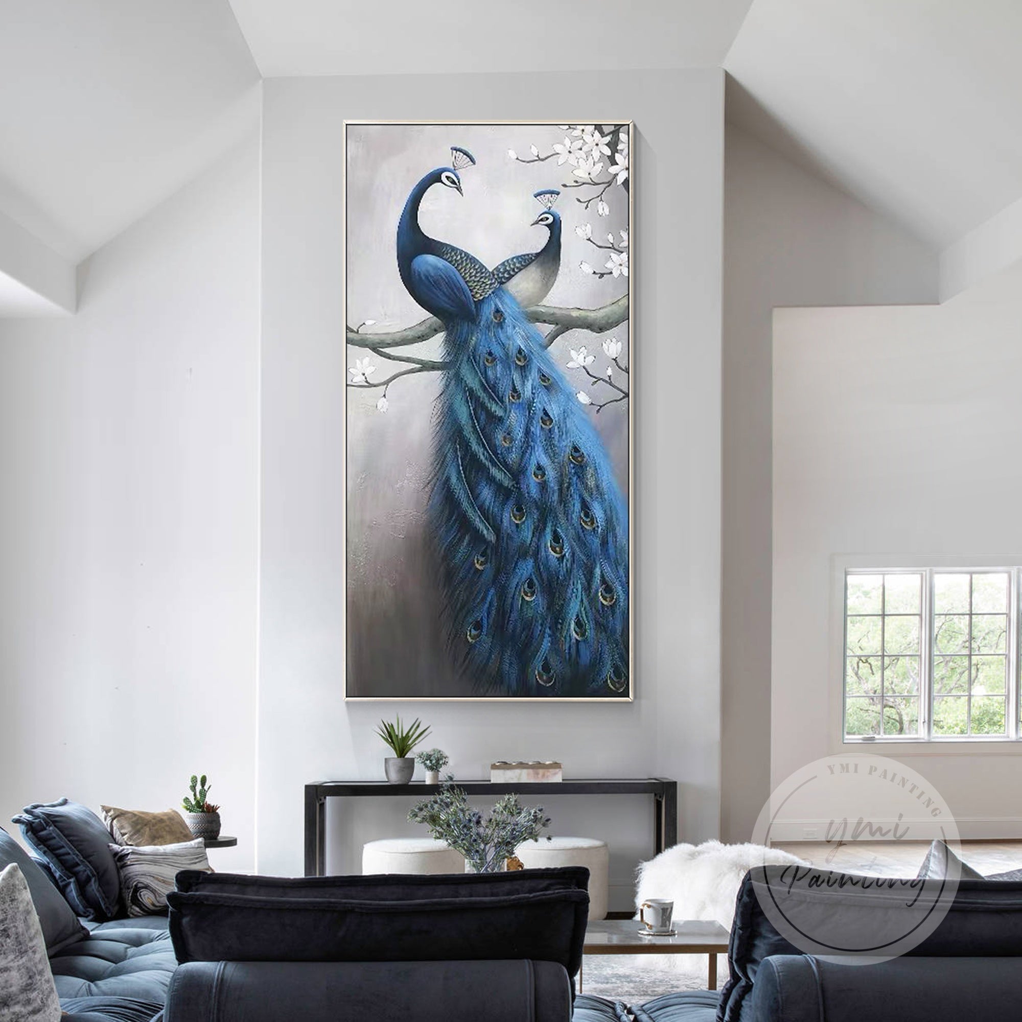 Framed Peacock Wall Art featuring delicate white blossoms and vibrant feathers.