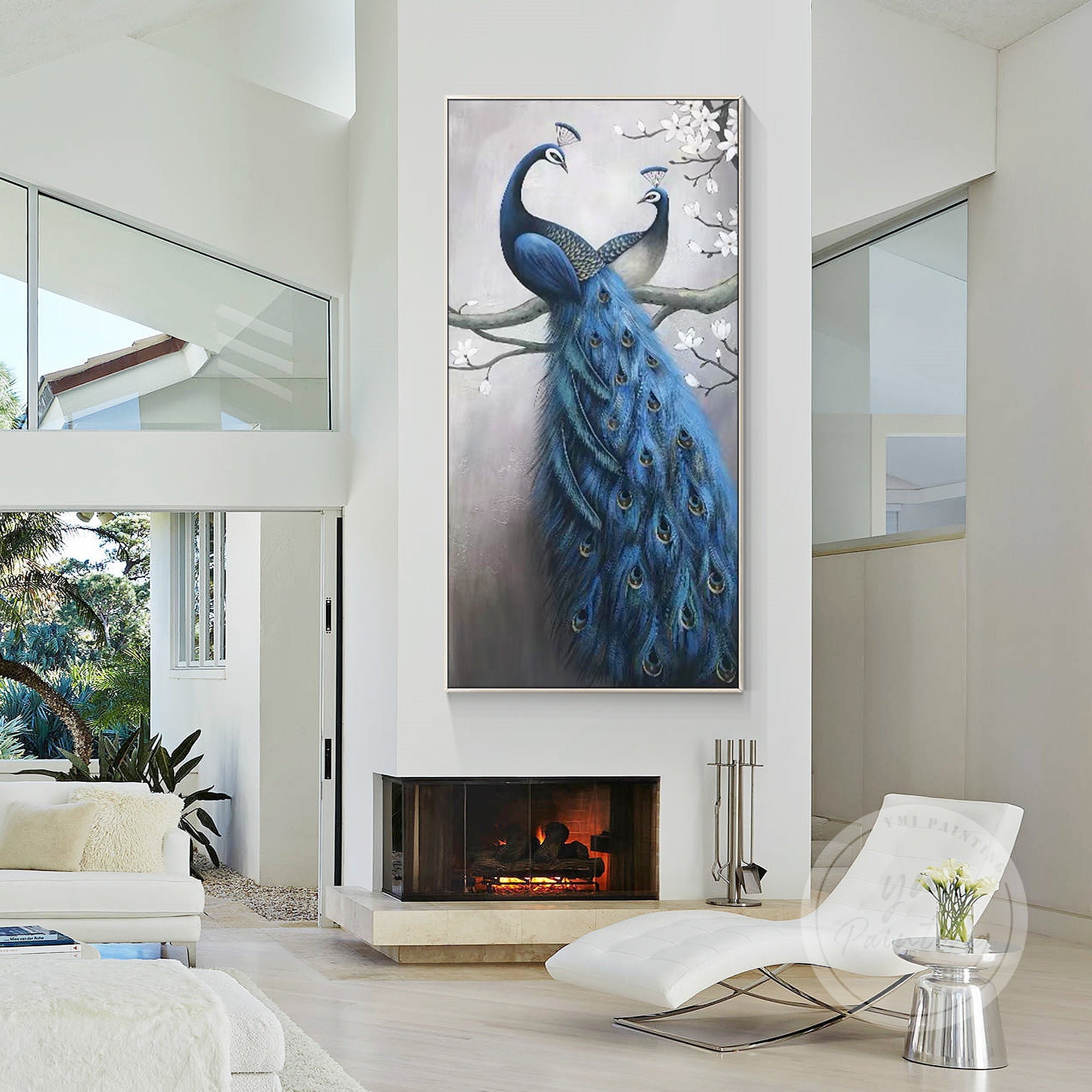 Large Animal Canvas Art combining peacock and floral elegance.
