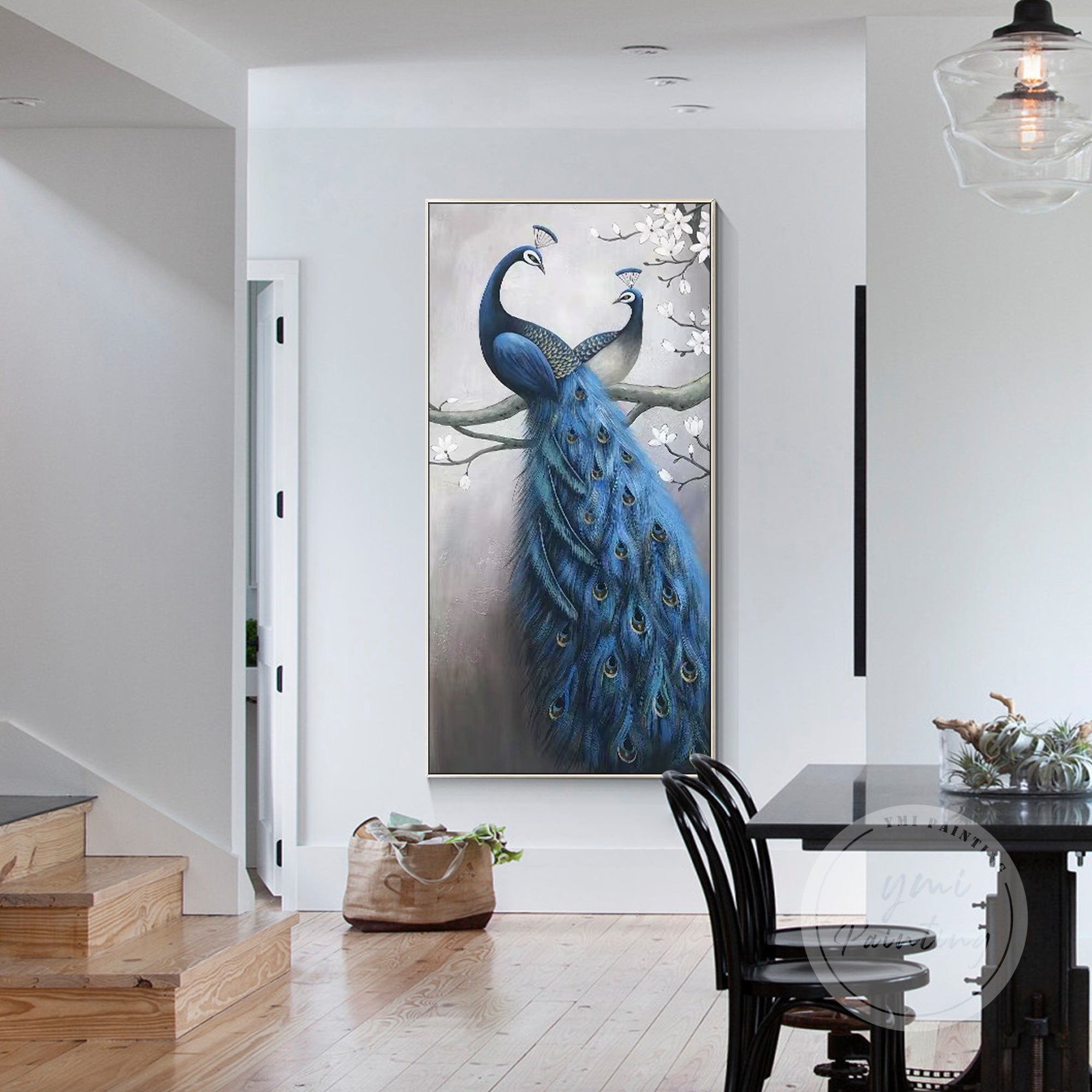 Abstract Peacock Painting in blue tones with blooming white flowers.