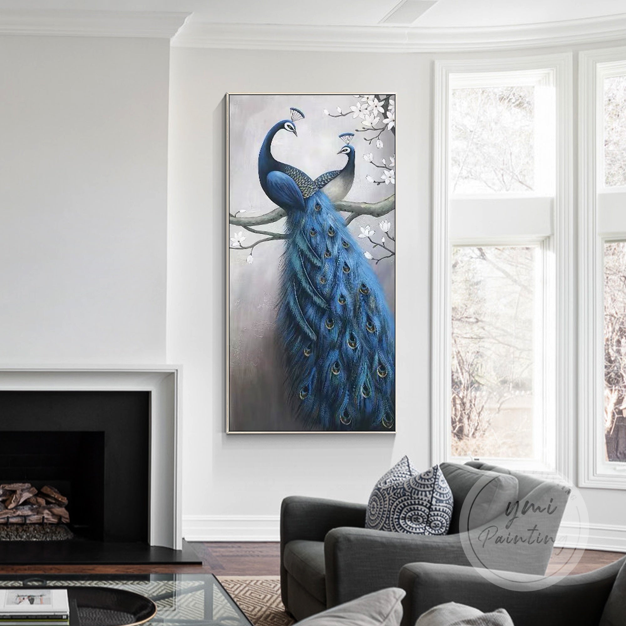 Modern Oil Painting of a majestic peacock among elegant white petals.