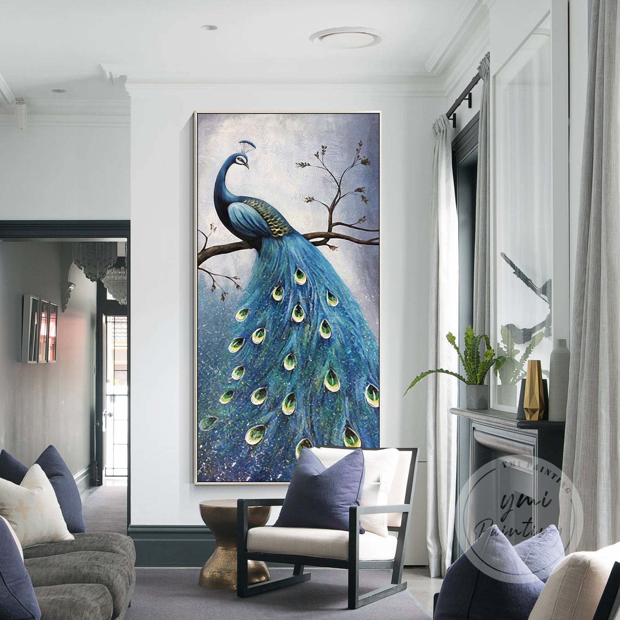 Abstract Gold Peacock Oil Painting on canvas, featuring luxurious textures and elegant feathers.