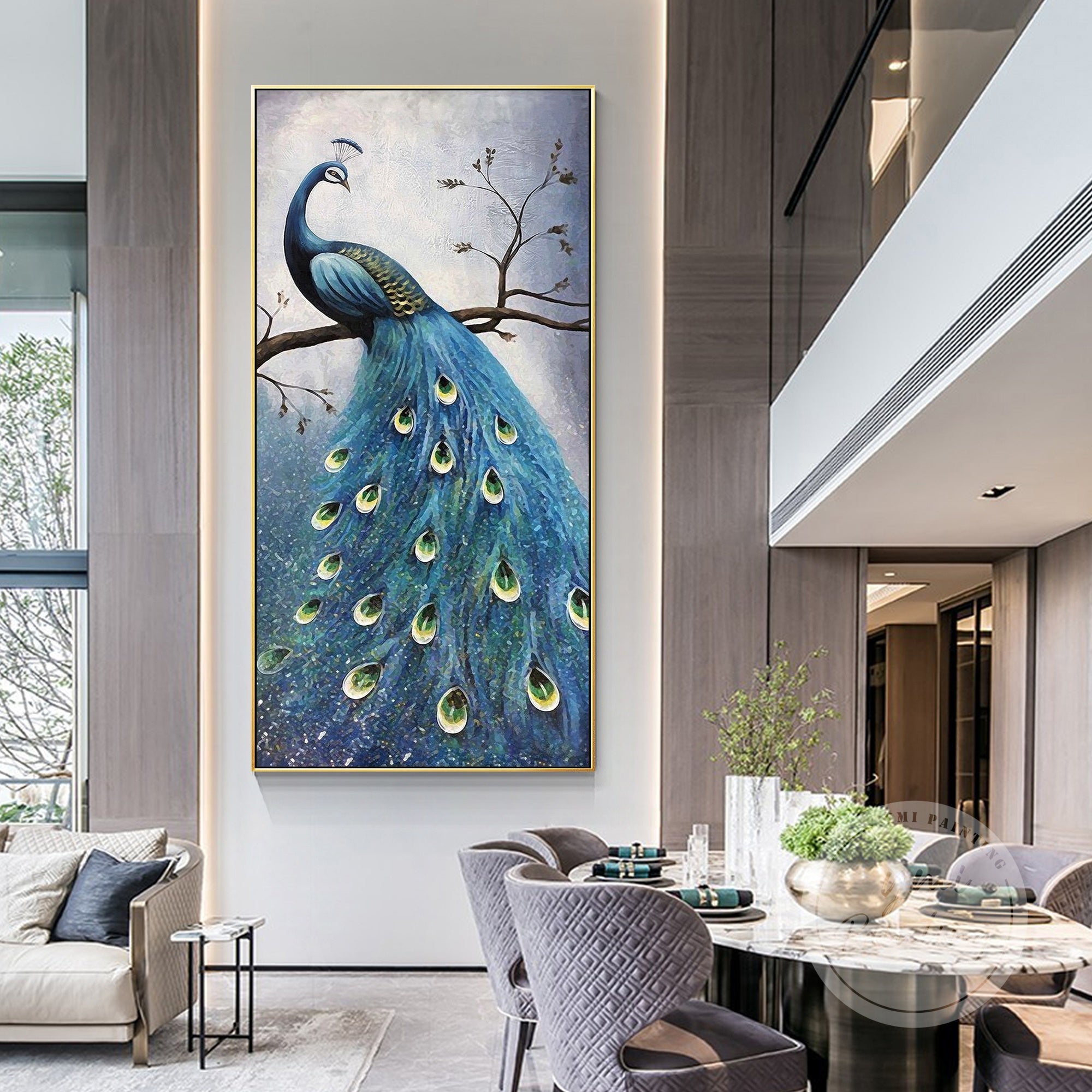 Large Golden Peacock Art on canvas with flowing lines and rich details.