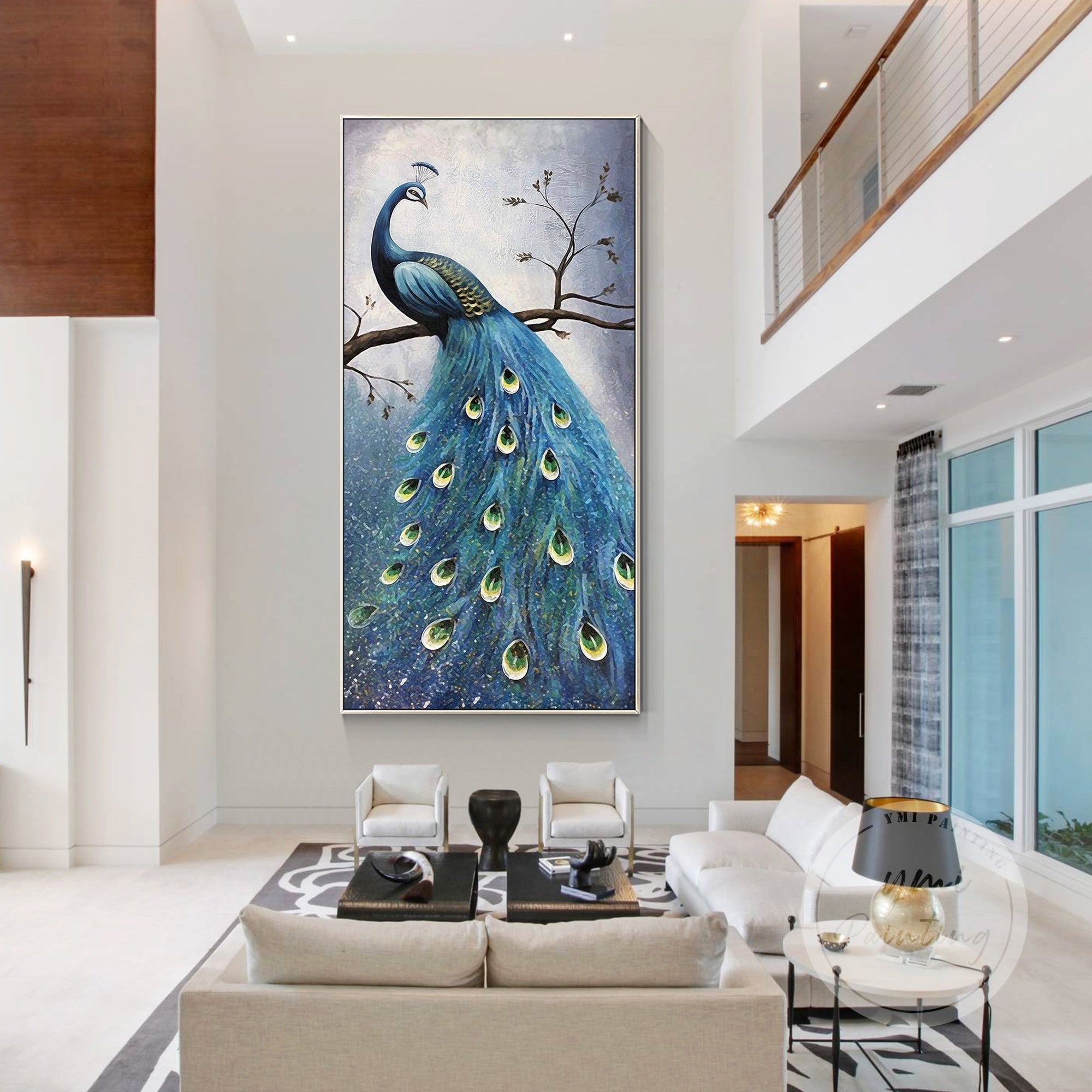Bold Peacock Feather Painting with abstract brushwork and golden glow.